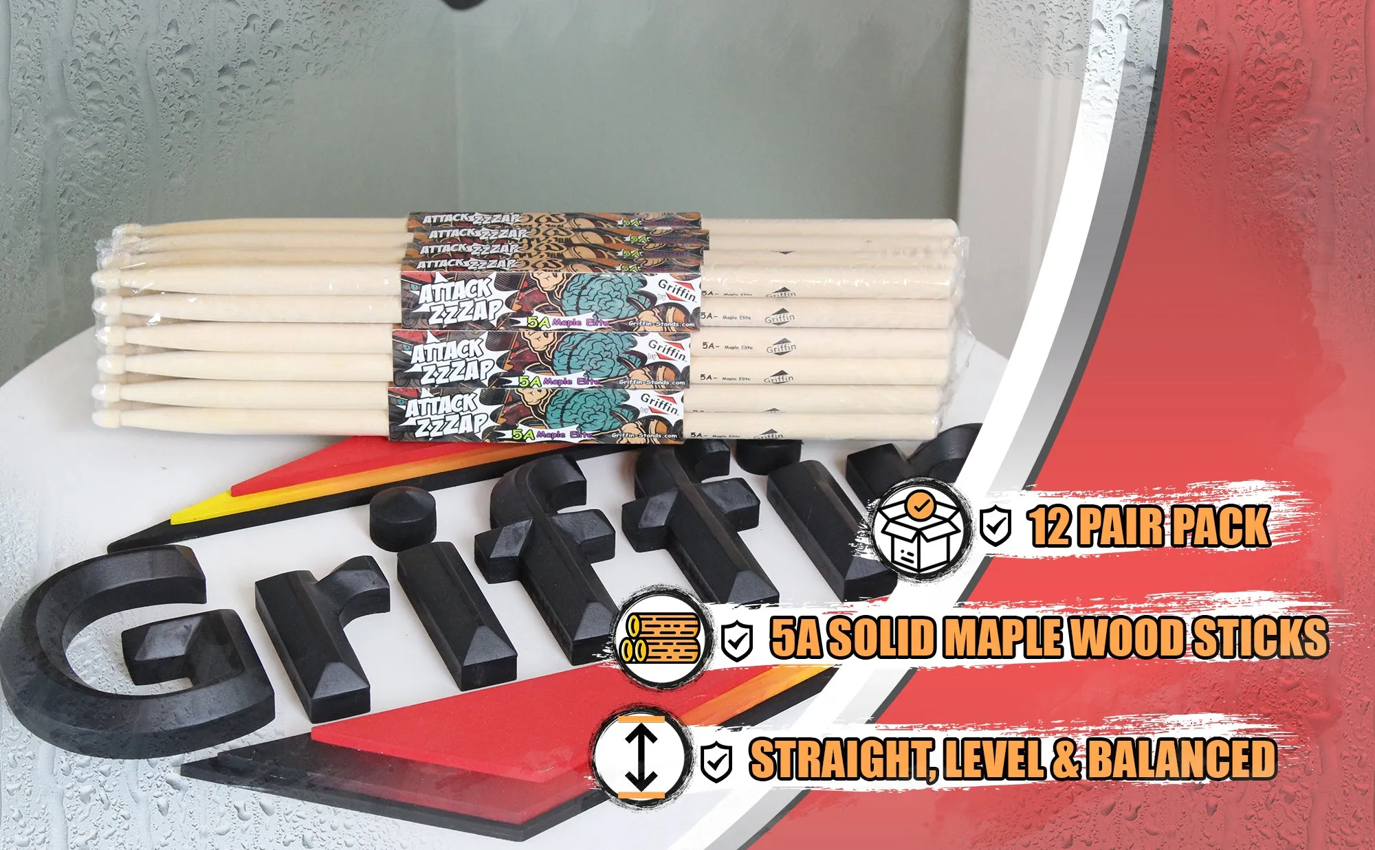 12 Pairs of Select Elite Maple Wood Drum Sticks by GRIFFIN Attack Zzzap - Size 5A Premium Balanced, Level and Straight - Drummers Percussion Classic