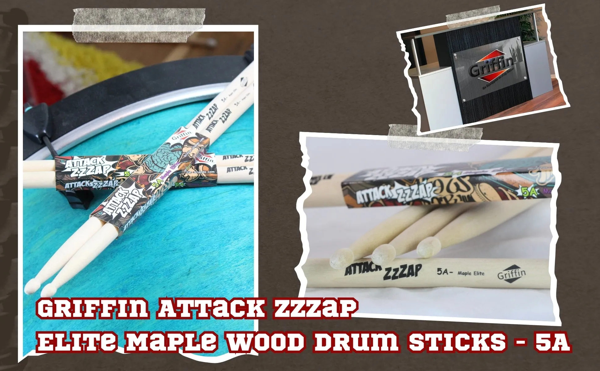 12 Pairs of Select Elite Maple Wood Drum Sticks by GRIFFIN Attack Zzzap - Size 5A Premium Balanced, Level and Straight - Drummers Percussion Classic