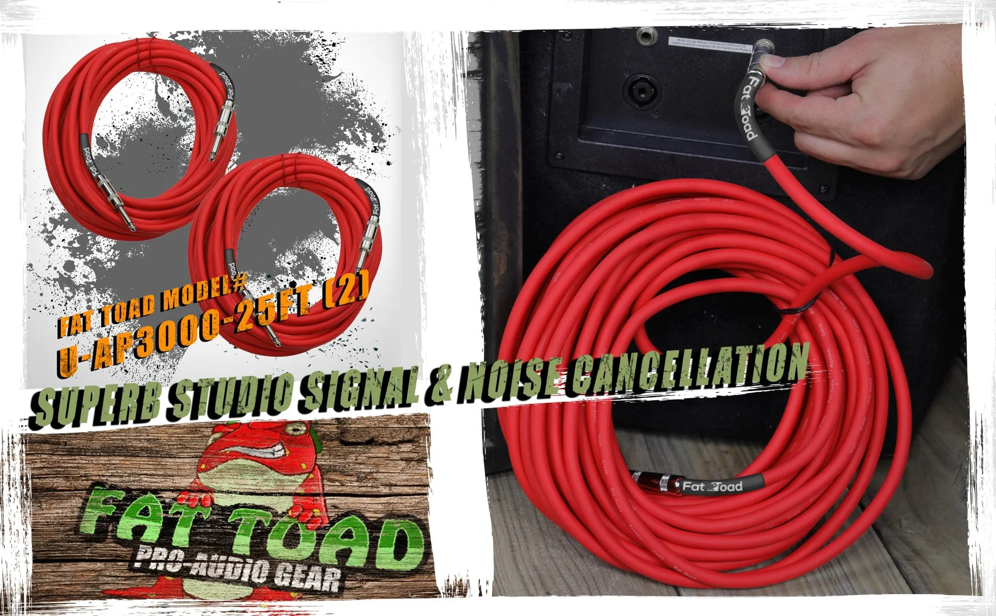1/4" to 1/4 Male Jack Speaker Cables (2 Pack) by FAT TOAD - 25ft Professional Pro Audio Red DJ Speakers PA Patch Cords - Quarter Inch 12 AWG Wire from GeekStands