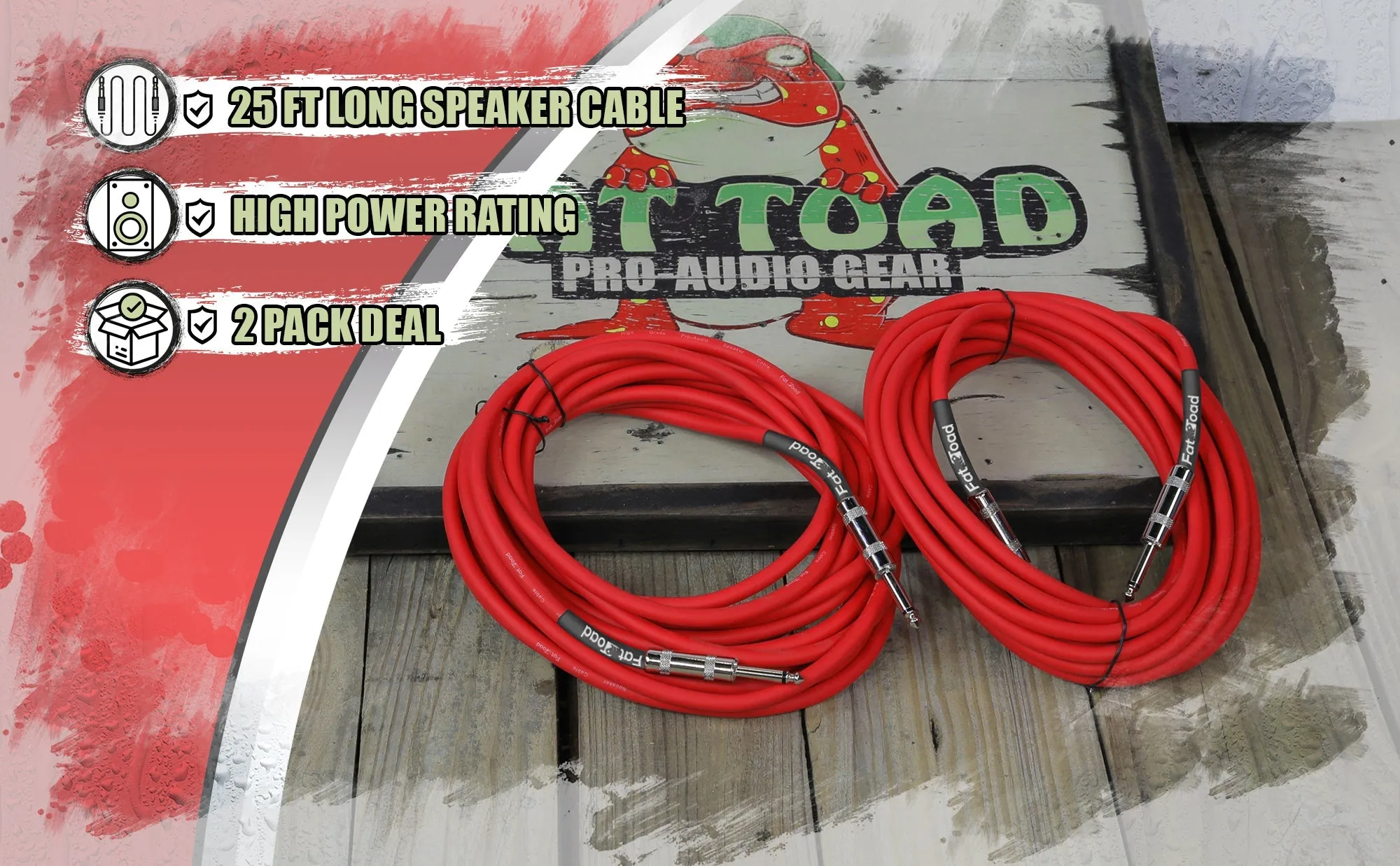 1/4" to 1/4 Male Jack Speaker Cables (2 Pack) by FAT TOAD - 25ft Professional Pro Audio Red DJ Speakers PA Patch Cords - Quarter Inch 12 AWG Wire from GeekStands