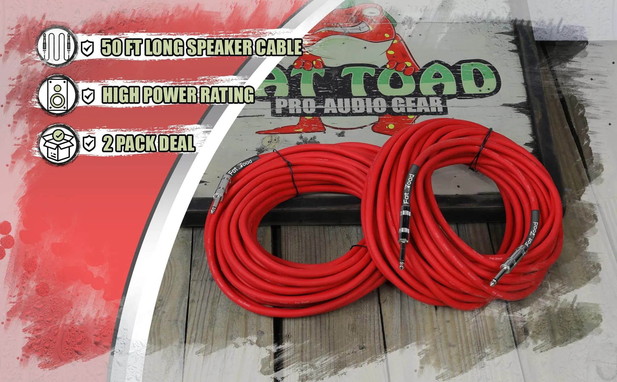 1/4" to 1/4 Male Jack Speaker Cables (2 Pack) by FAT TOAD - 50ft Professional Pro Audio Red DJ Speakers PA Patch Cords - Quarter Inch 12 AWG Wire