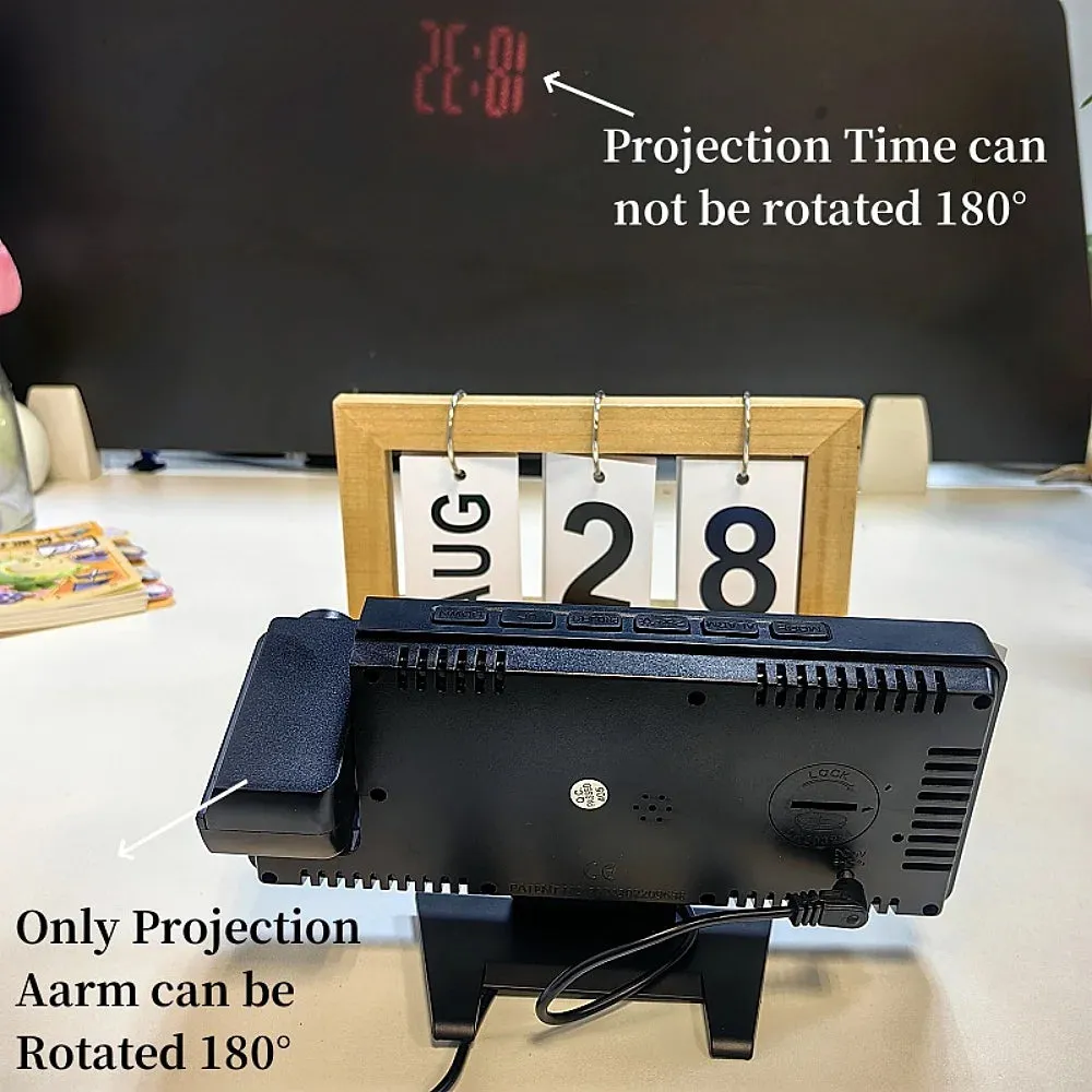180° Projection Digital Alarm Clock with Temperature and Humidity Display, Night Mode, Snooze Function, 12/24 Hour Format, USB Powered LED Table Clock