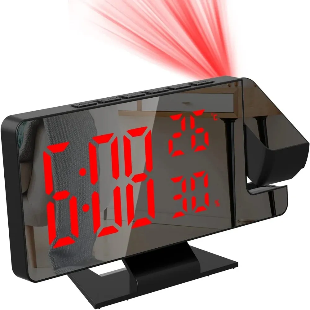 180° Projection Digital Alarm Clock with Temperature and Humidity Display, Night Mode, Snooze Function, 12/24 Hour Format, USB Powered LED Table Clock
