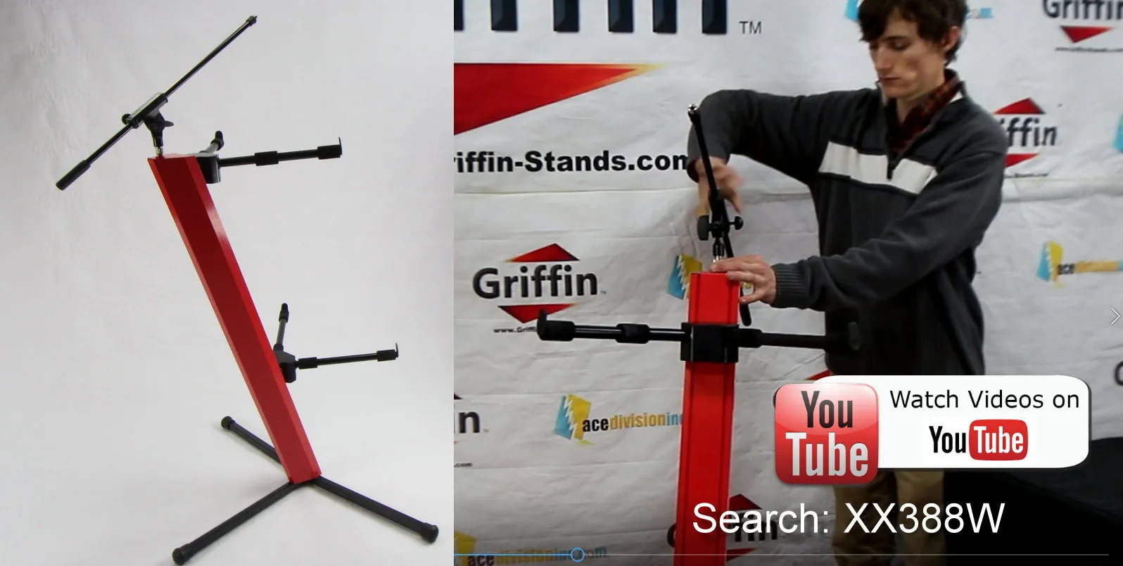 2-Tier Column Keyboard Stand with Mic Boom Arm by GRIFFIN - Double Sliding Multi Mounting Platform Red Stage Tower Rack - Holder for Digital Piano