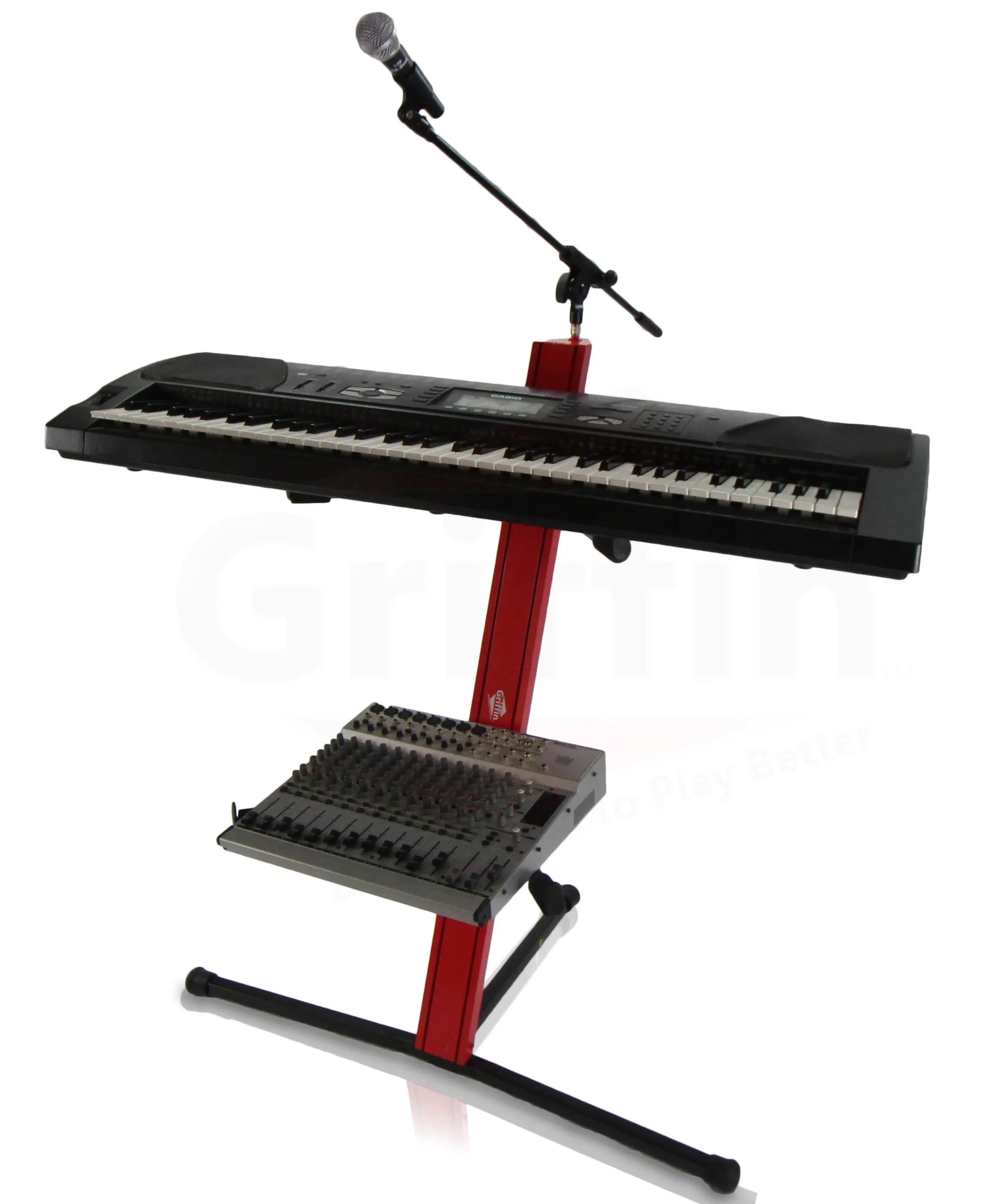 2-Tier Column Keyboard Stand with Mic Boom Arm by GRIFFIN - Double Sliding Multi Mounting Platform Red Stage Tower Rack - Holder for Digital Piano