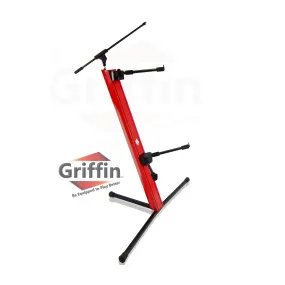 2-Tier Column Keyboard Stand with Mic Boom Arm by GRIFFIN - Double Sliding Multi Mounting Platform Red Stage Tower Rack - Holder for Digital Piano