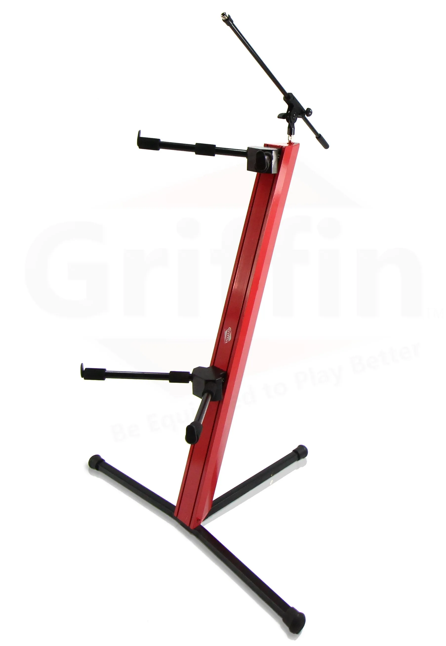 2-Tier Column Keyboard Stand with Mic Boom Arm by GRIFFIN - Double Sliding Multi Mounting Platform Red Stage Tower Rack - Holder for Digital Piano