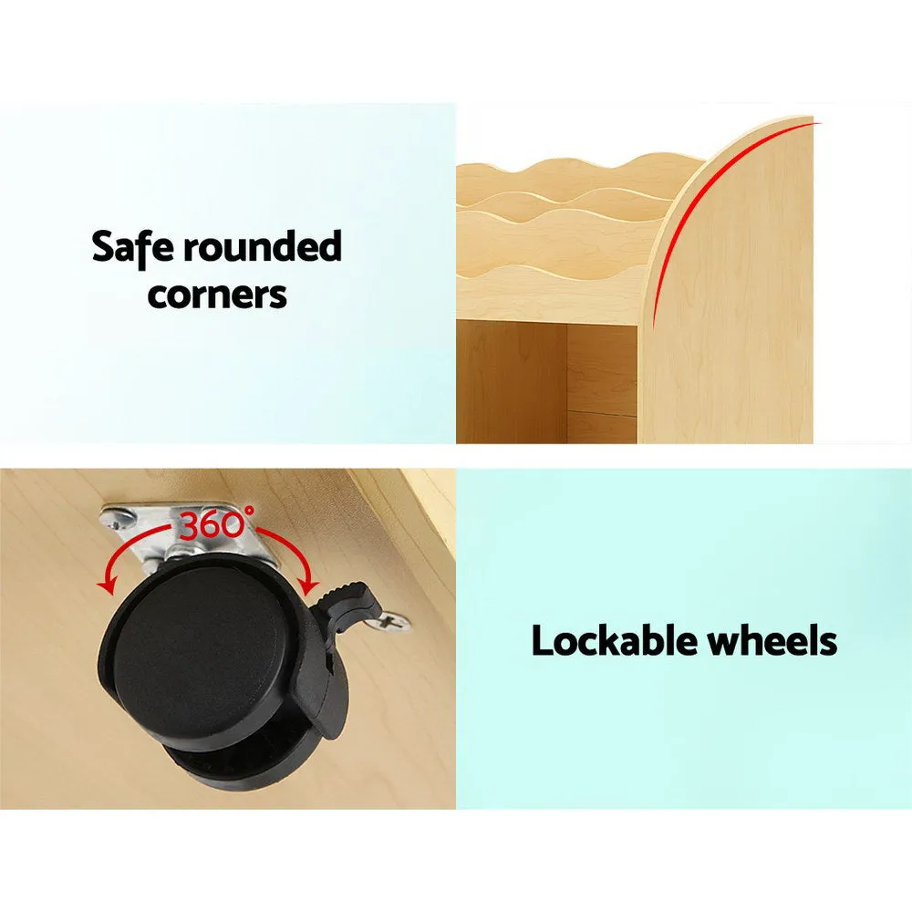 3-Tier Kids Bookshelf, Storage Bins, Lockable Wheels - Keezi