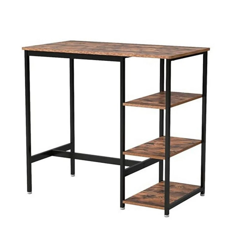 43 Inch Bar Table with 3 Shelves, Rectangular Brown Wood Top, Black Steel  By Casagear Home