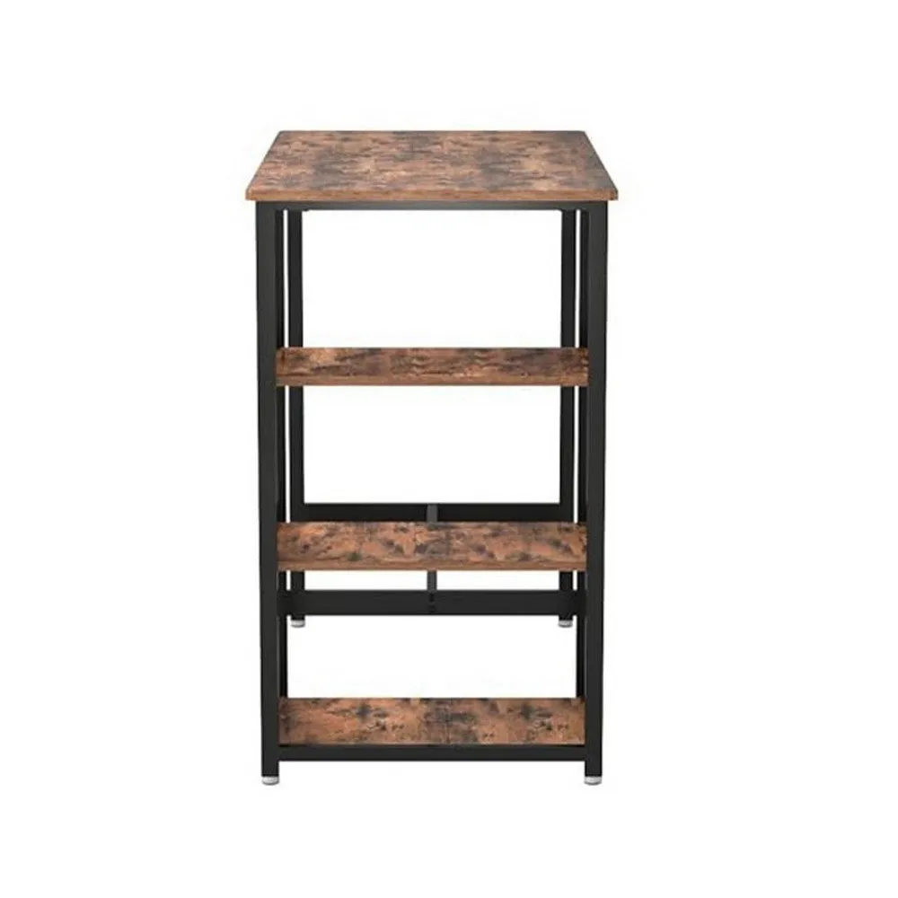43 Inch Bar Table with 3 Shelves, Rectangular Brown Wood Top, Black Steel  By Casagear Home