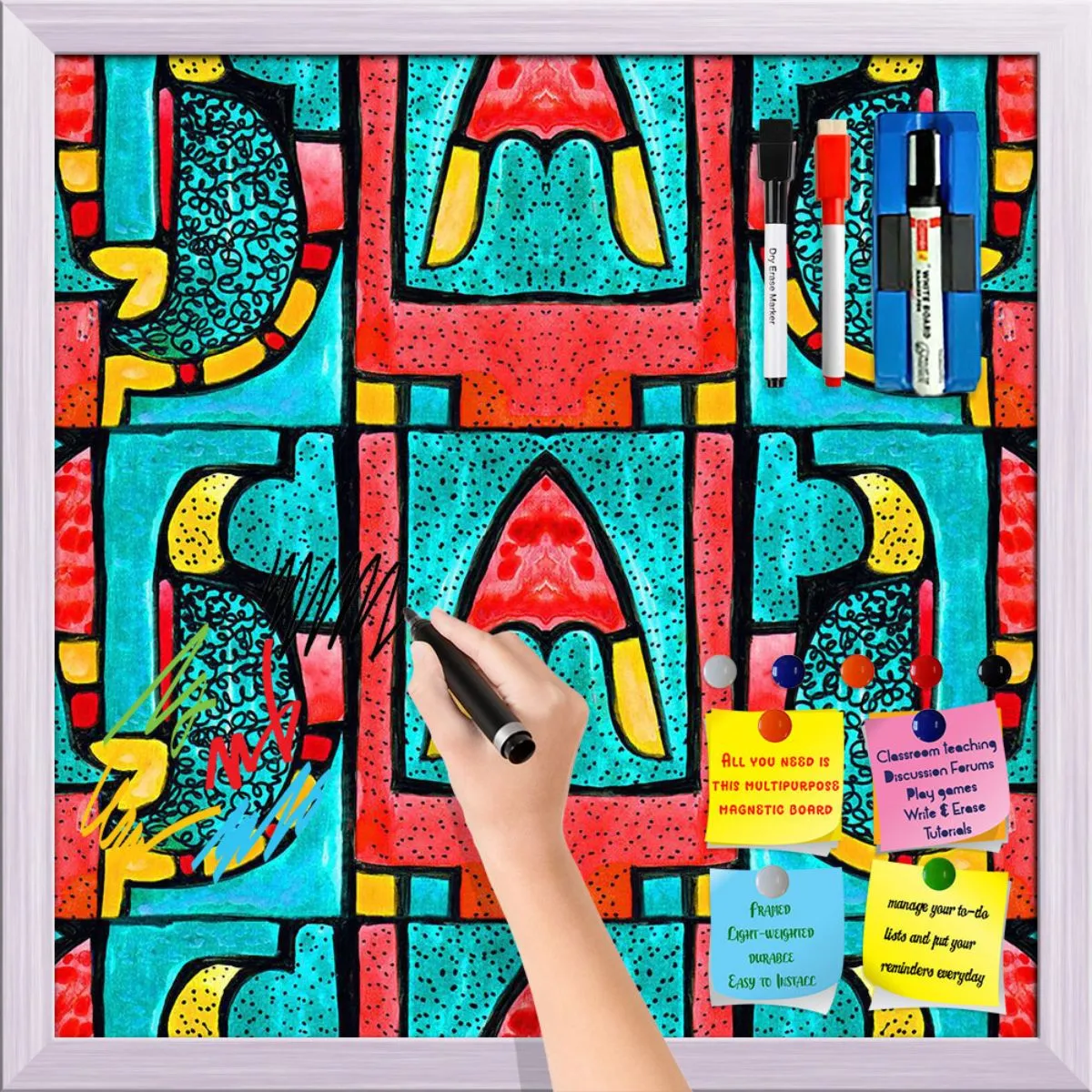 Abstract Geometric Ornament Pattern D2 Framed Magnetic Dry Erase Board | Combo with Magnet Buttons & Markers