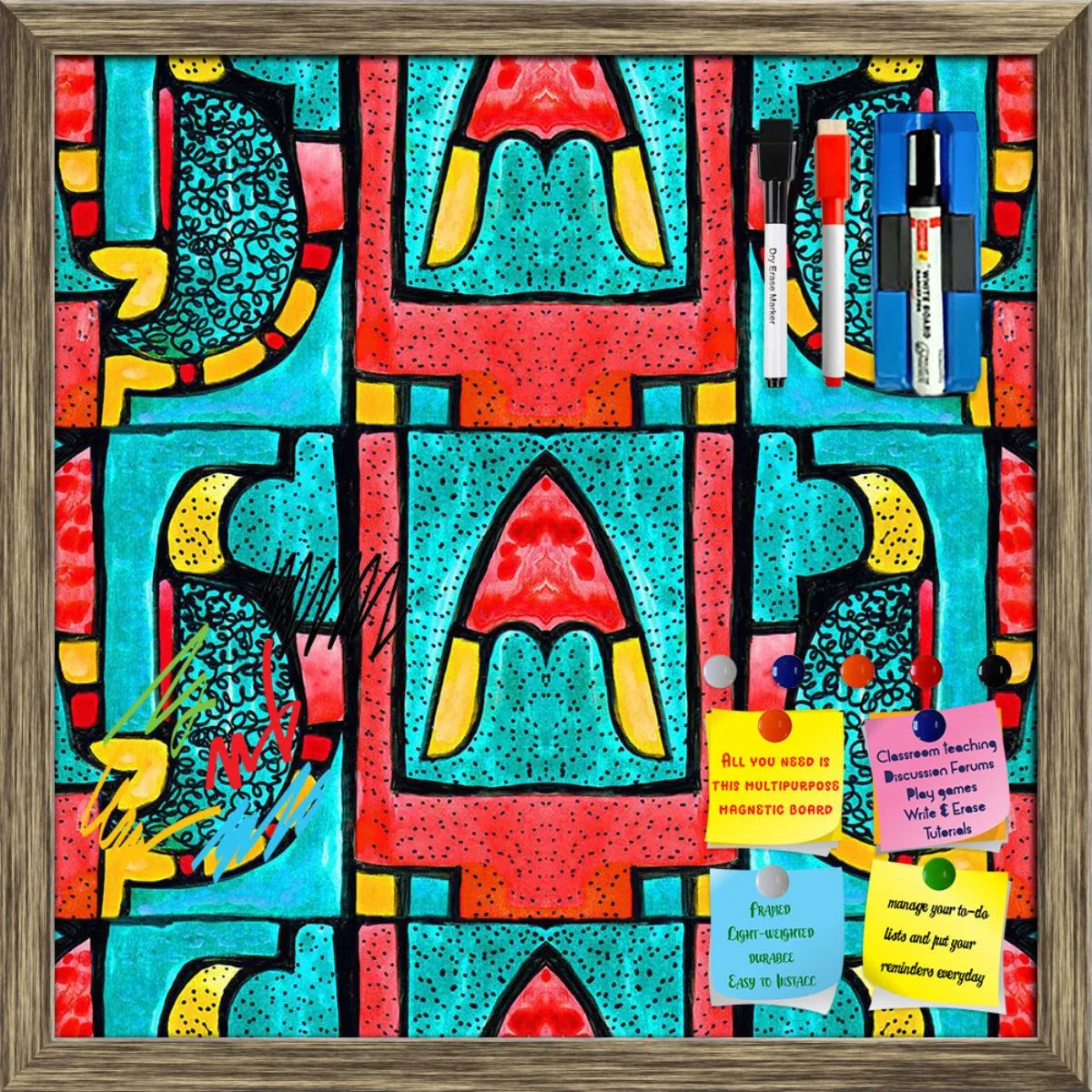 Abstract Geometric Ornament Pattern D2 Framed Magnetic Dry Erase Board | Combo with Magnet Buttons & Markers