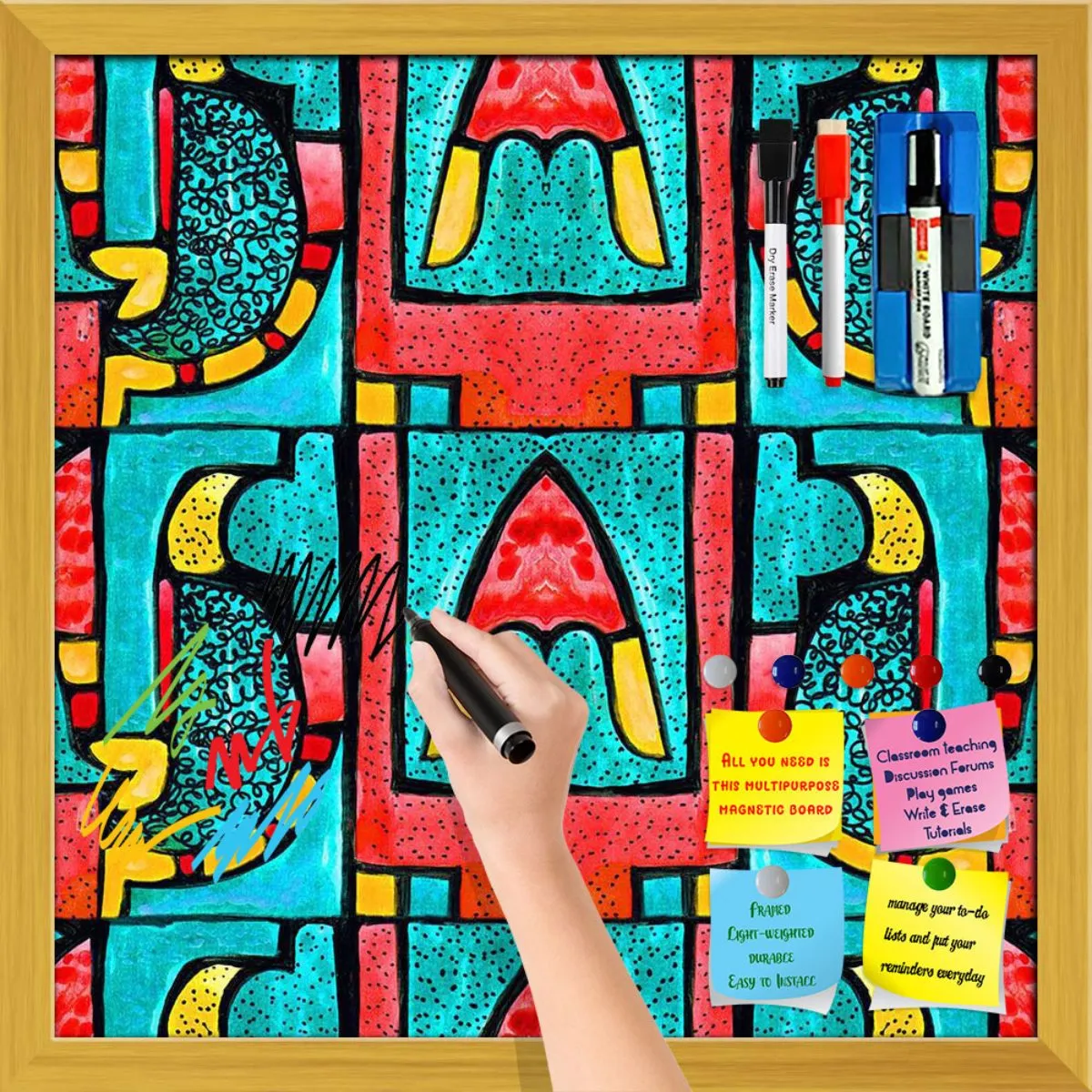 Abstract Geometric Ornament Pattern D2 Framed Magnetic Dry Erase Board | Combo with Magnet Buttons & Markers