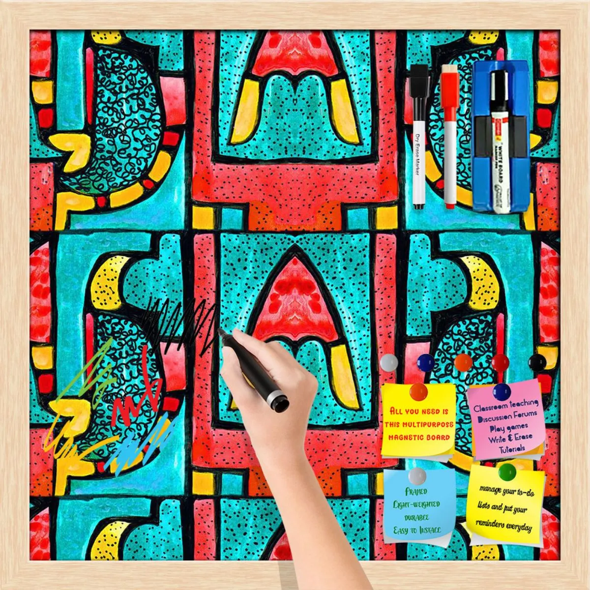Abstract Geometric Ornament Pattern D2 Framed Magnetic Dry Erase Board | Combo with Magnet Buttons & Markers