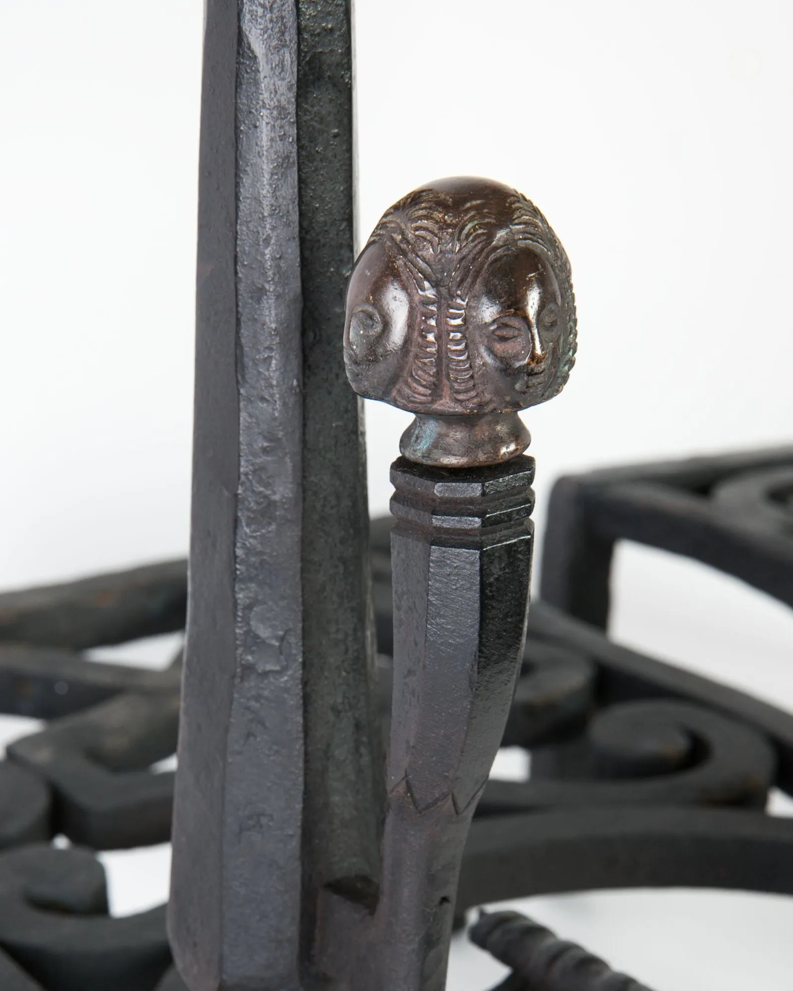 Andirons with Wrought Iron Platforms and Brass Finials