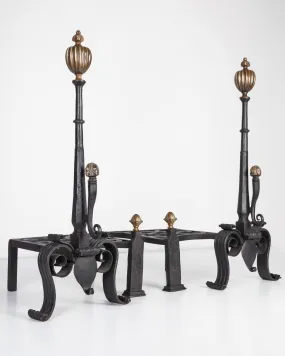 Andirons with Wrought Iron Platforms and Brass Finials