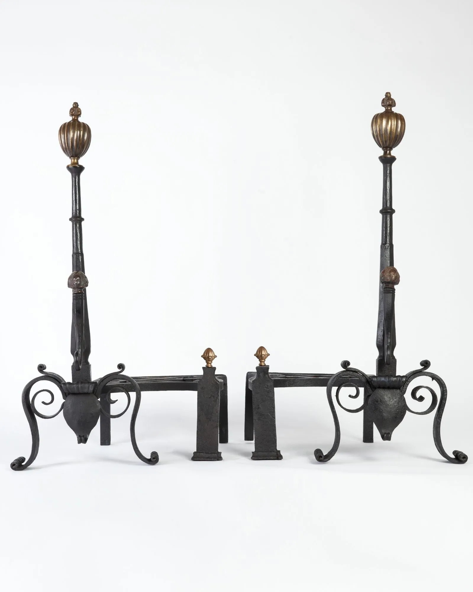 Andirons with Wrought Iron Platforms and Brass Finials