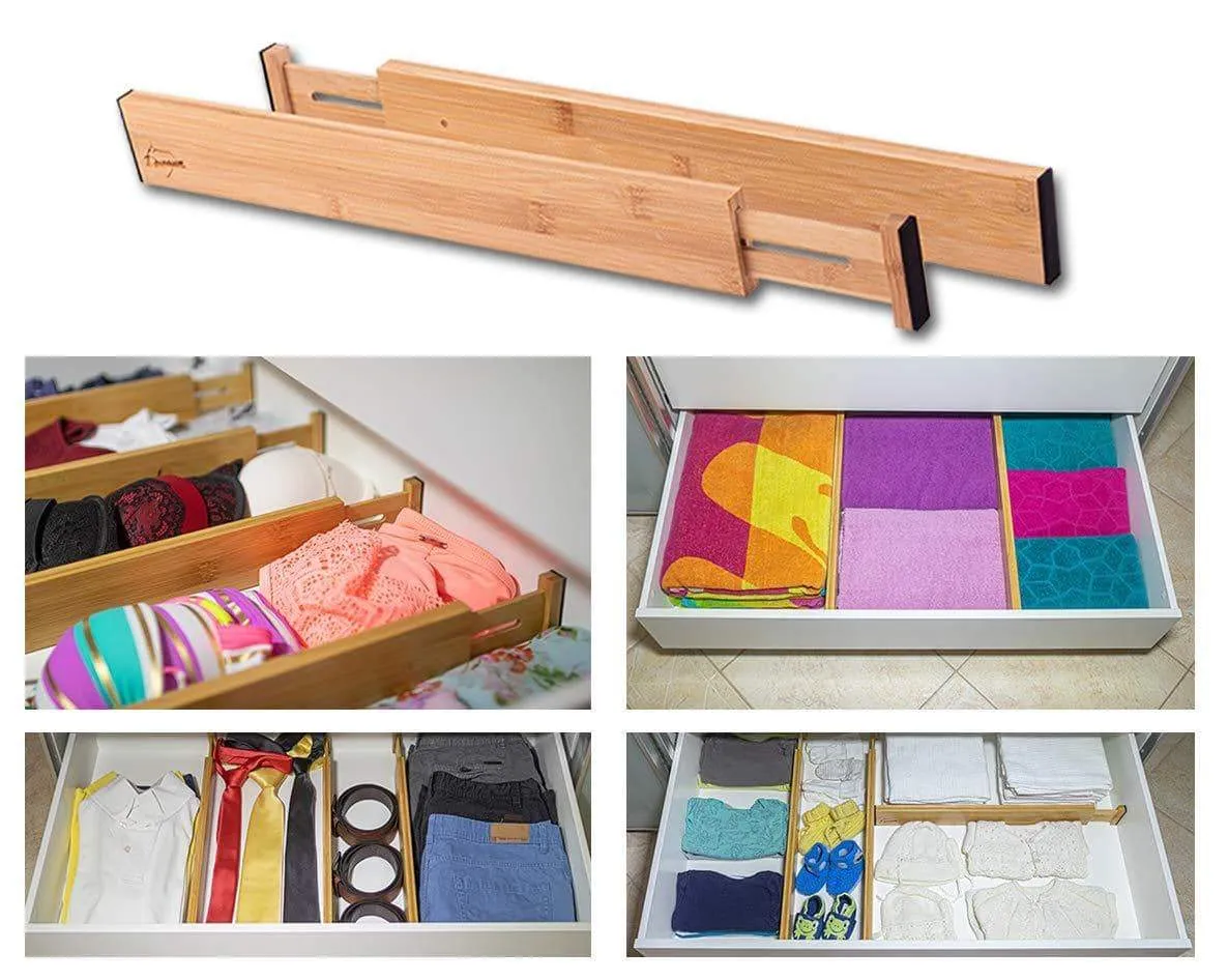 Drawer Dividers Bamboo Kitchen Organizers Set of 6 - Spring Loaded Drawer Divider Adjustable & Expandable Drawer Organizer - Best for Kitchen, Bedroom, Dresser, Baby Drawers & Closet