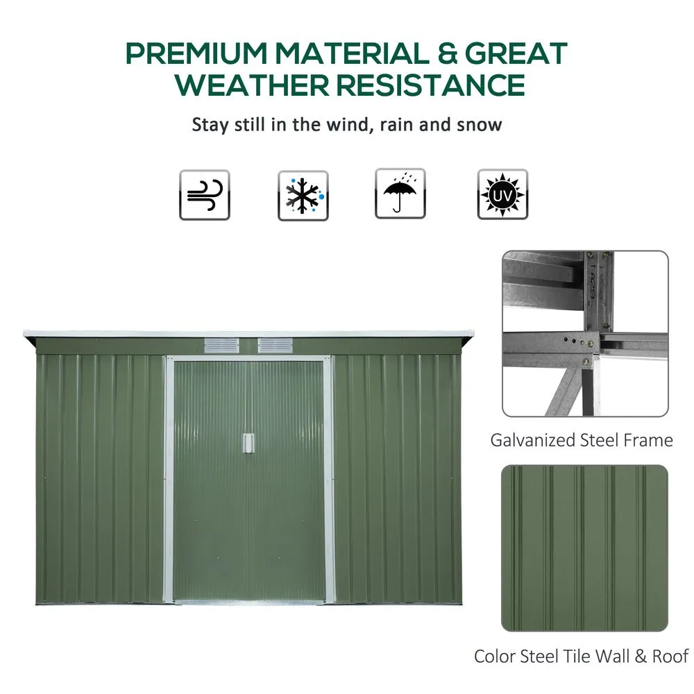 Durable 9x4ft Corrugated Metal Shed with Ventilated Doors - Green