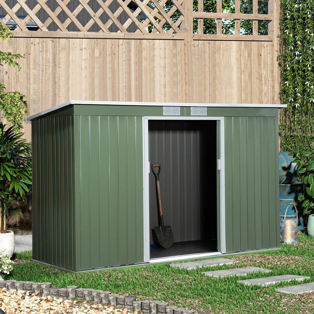 Durable 9x4ft Corrugated Metal Shed with Ventilated Doors - Green