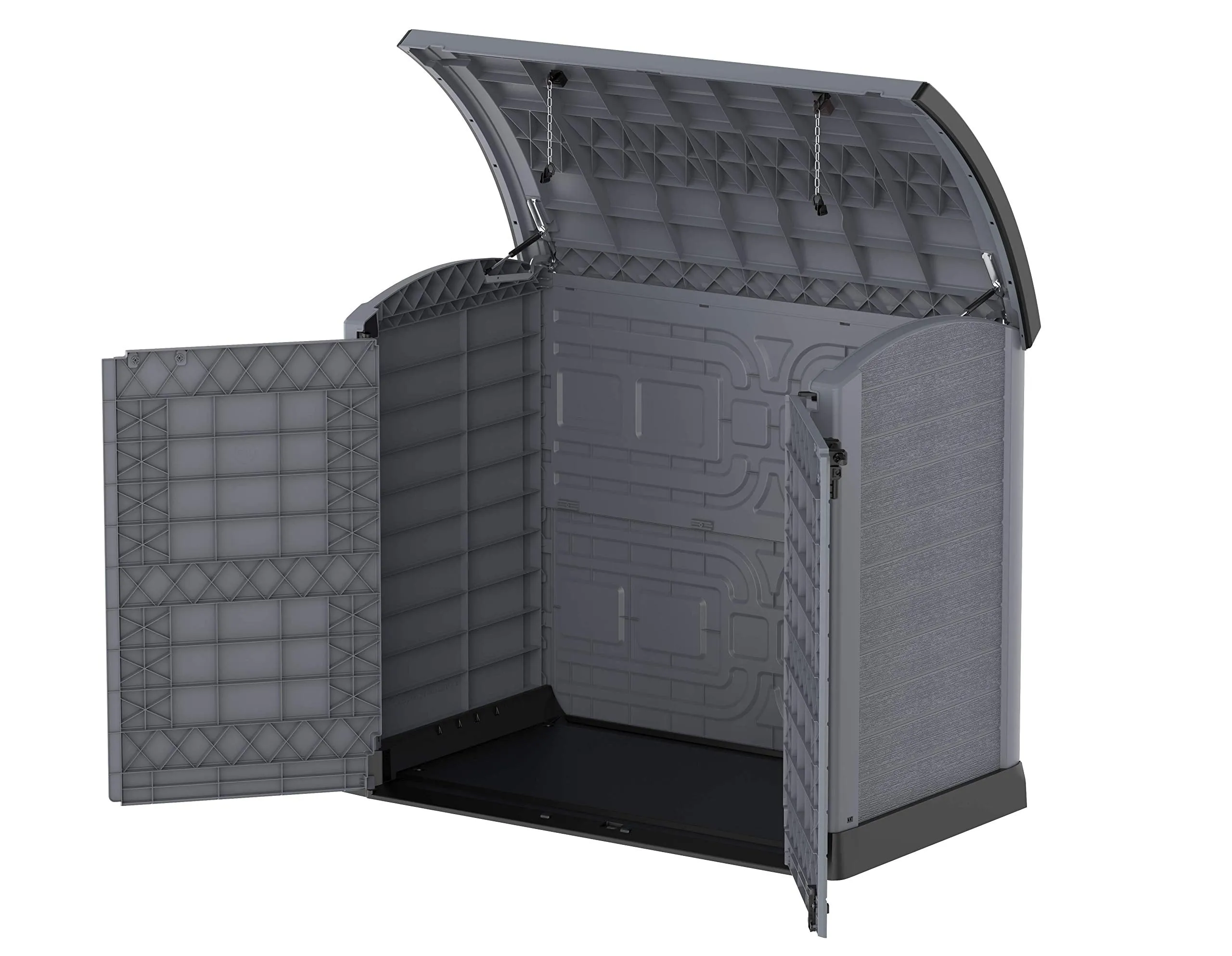Duramax Cedargrain StoreAway 1200L Plastic Garden Storage Shed/ Arc Lid, Outdoor Storage, Wheelie bin box, Durable Construction– Ideal for Tools, Bikes, BBQs & 2x 240L Bins, 145x85x125 cm, Grey