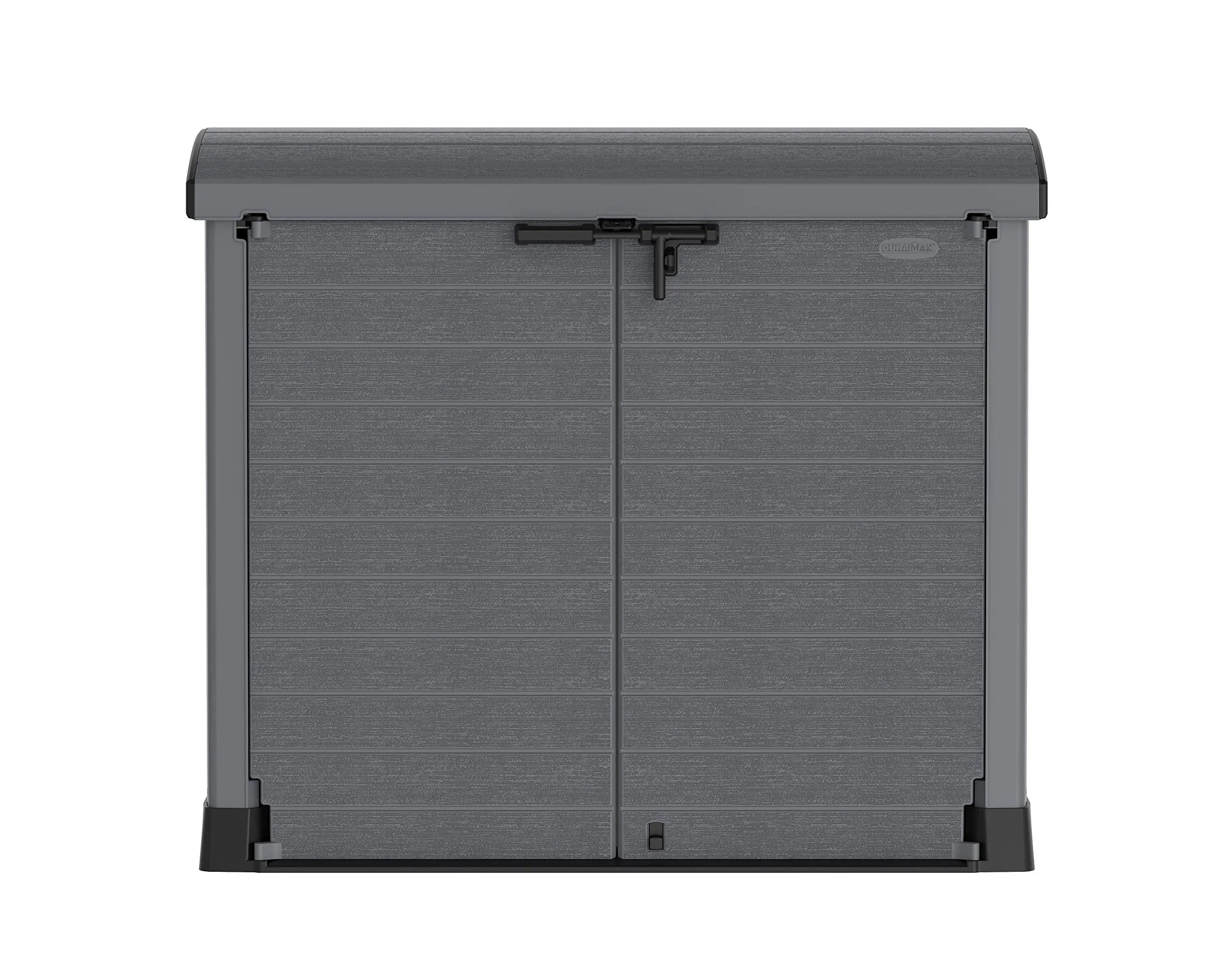 Duramax Cedargrain StoreAway 1200L Plastic Garden Storage Shed/ Arc Lid, Outdoor Storage, Wheelie bin box, Durable Construction– Ideal for Tools, Bikes, BBQs & 2x 240L Bins, 145x85x125 cm, Grey