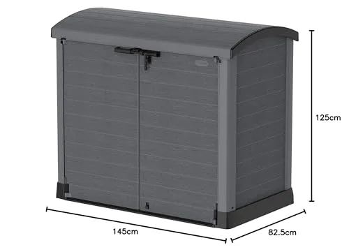 Duramax Cedargrain StoreAway 1200L Plastic Garden Storage Shed/ Arc Lid, Outdoor Storage, Wheelie bin box, Durable Construction– Ideal for Tools, Bikes, BBQs & 2x 240L Bins, 145x85x125 cm, Grey