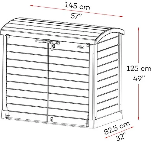 Duramax Cedargrain StoreAway 1200L Plastic Garden Storage Shed/ Arc Lid, Outdoor Storage, Wheelie bin box, Durable Construction– Ideal for Tools, Bikes, BBQs & 2x 240L Bins, 145x85x125 cm, Grey