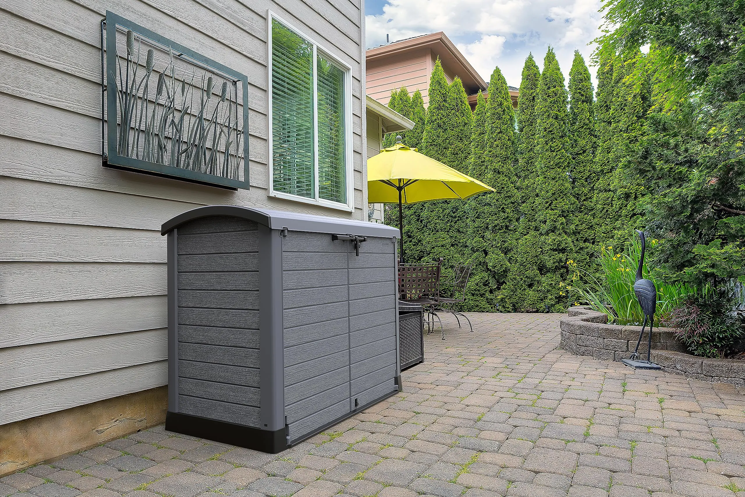 Duramax Cedargrain StoreAway 1200L Plastic Garden Storage Shed/ Arc Lid, Outdoor Storage, Wheelie bin box, Durable Construction– Ideal for Tools, Bikes, BBQs & 2x 240L Bins, 145x85x125 cm, Grey