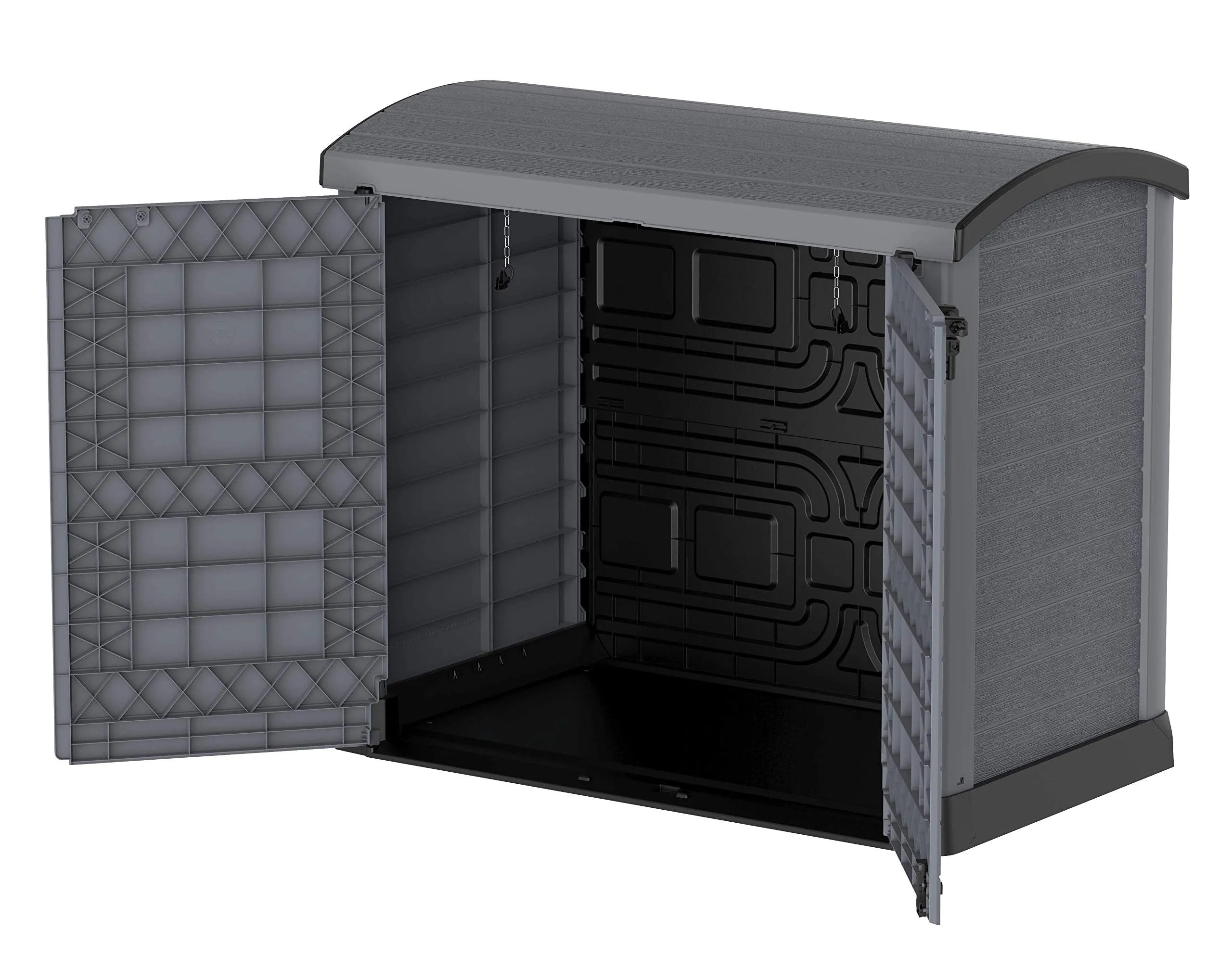 Duramax Cedargrain StoreAway 1200L Plastic Garden Storage Shed/ Arc Lid, Outdoor Storage, Wheelie bin box, Durable Construction– Ideal for Tools, Bikes, BBQs & 2x 240L Bins, 145x85x125 cm, Grey