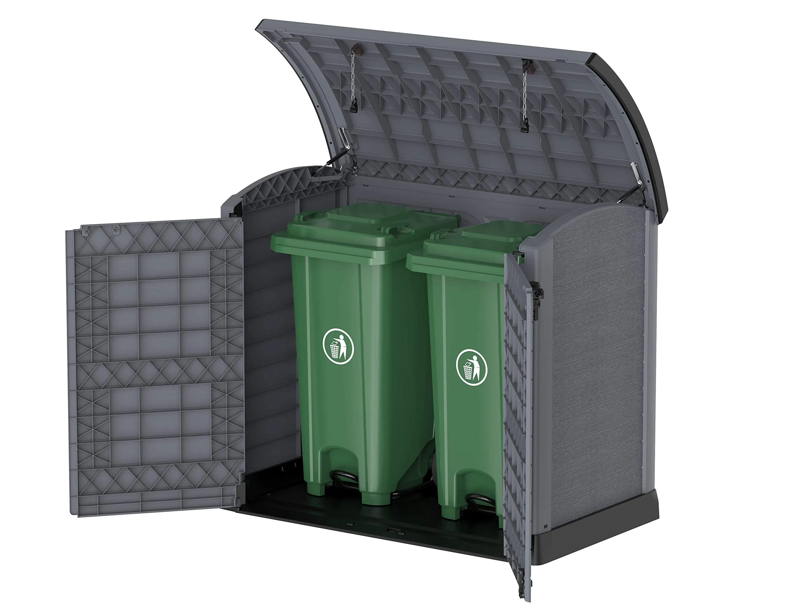 Duramax Cedargrain StoreAway 1200L Plastic Garden Storage Shed/ Arc Lid, Outdoor Storage, Wheelie bin box, Durable Construction– Ideal for Tools, Bikes, BBQs & 2x 240L Bins, 145x85x125 cm, Grey