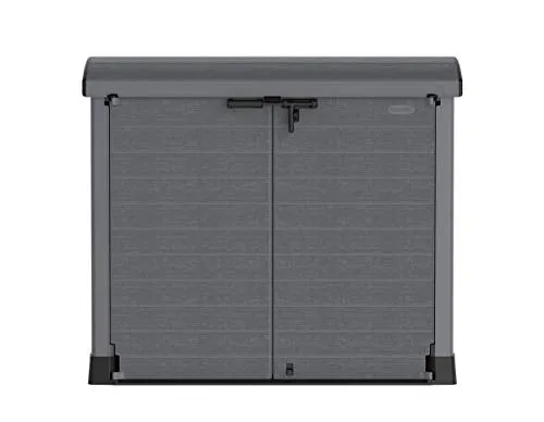Duramax Cedargrain StoreAway 1200L Plastic Garden Storage Shed/ Arc Lid, Outdoor Storage, Wheelie bin box, Durable Construction– Ideal for Tools, Bikes, BBQs & 2x 240L Bins, 145x85x125 cm, Grey