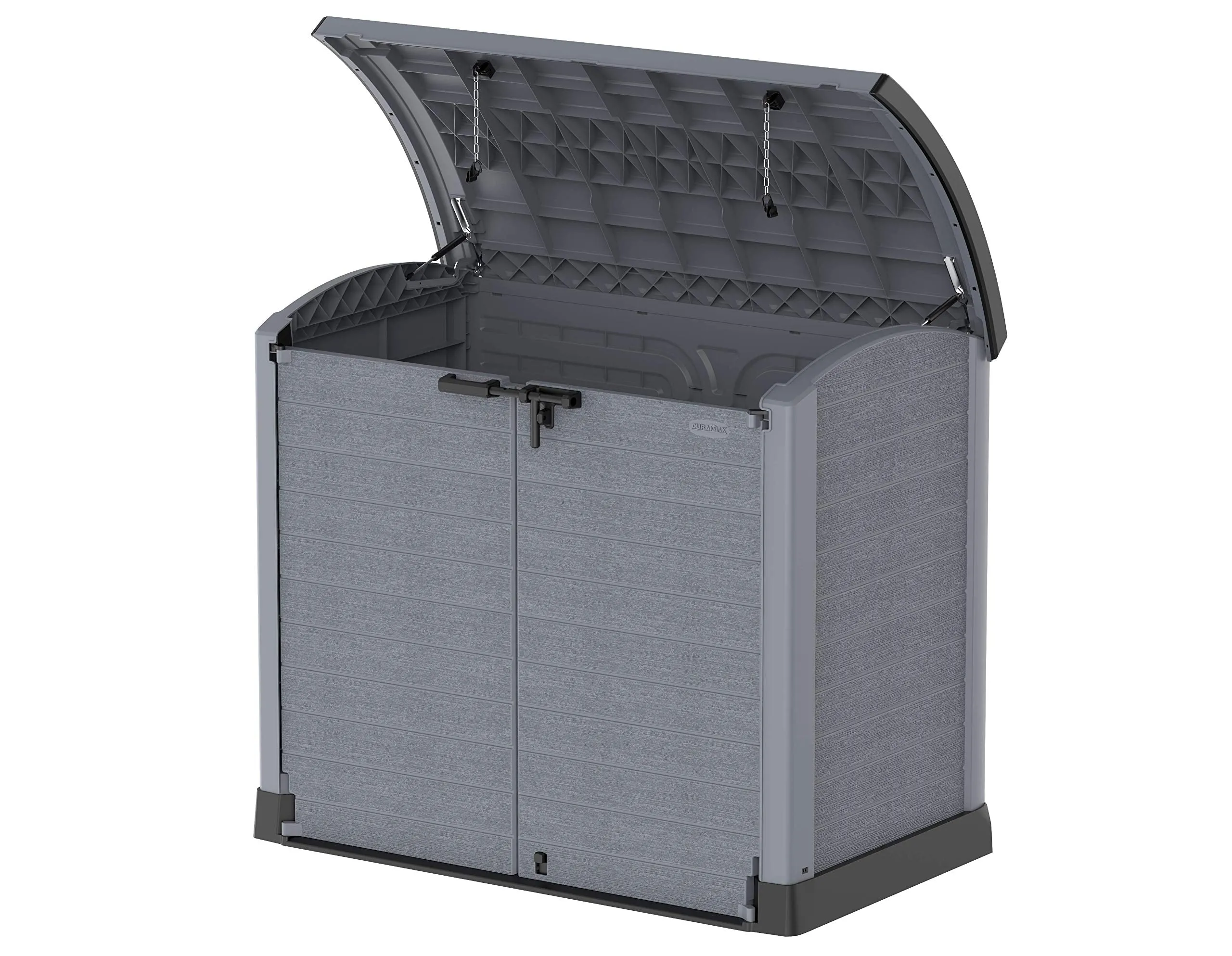 Duramax Cedargrain StoreAway 1200L Plastic Garden Storage Shed/ Arc Lid, Outdoor Storage, Wheelie bin box, Durable Construction– Ideal for Tools, Bikes, BBQs & 2x 240L Bins, 145x85x125 cm, Grey