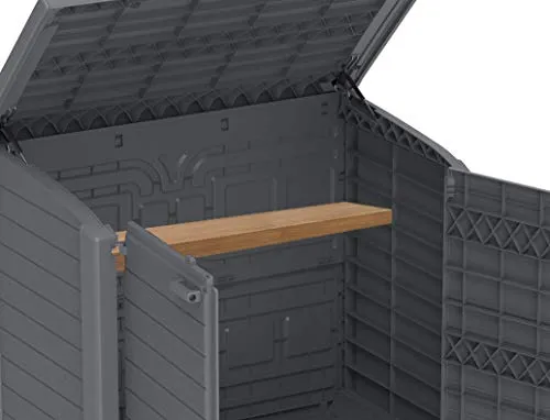 Duramax Cedargrain StoreAway 1200L Plastic Garden Storage Shed/ Arc Lid, Outdoor Storage, Wheelie bin box, Durable Construction– Ideal for Tools, Bikes, BBQs & 2x 240L Bins, 145x85x125 cm, Grey