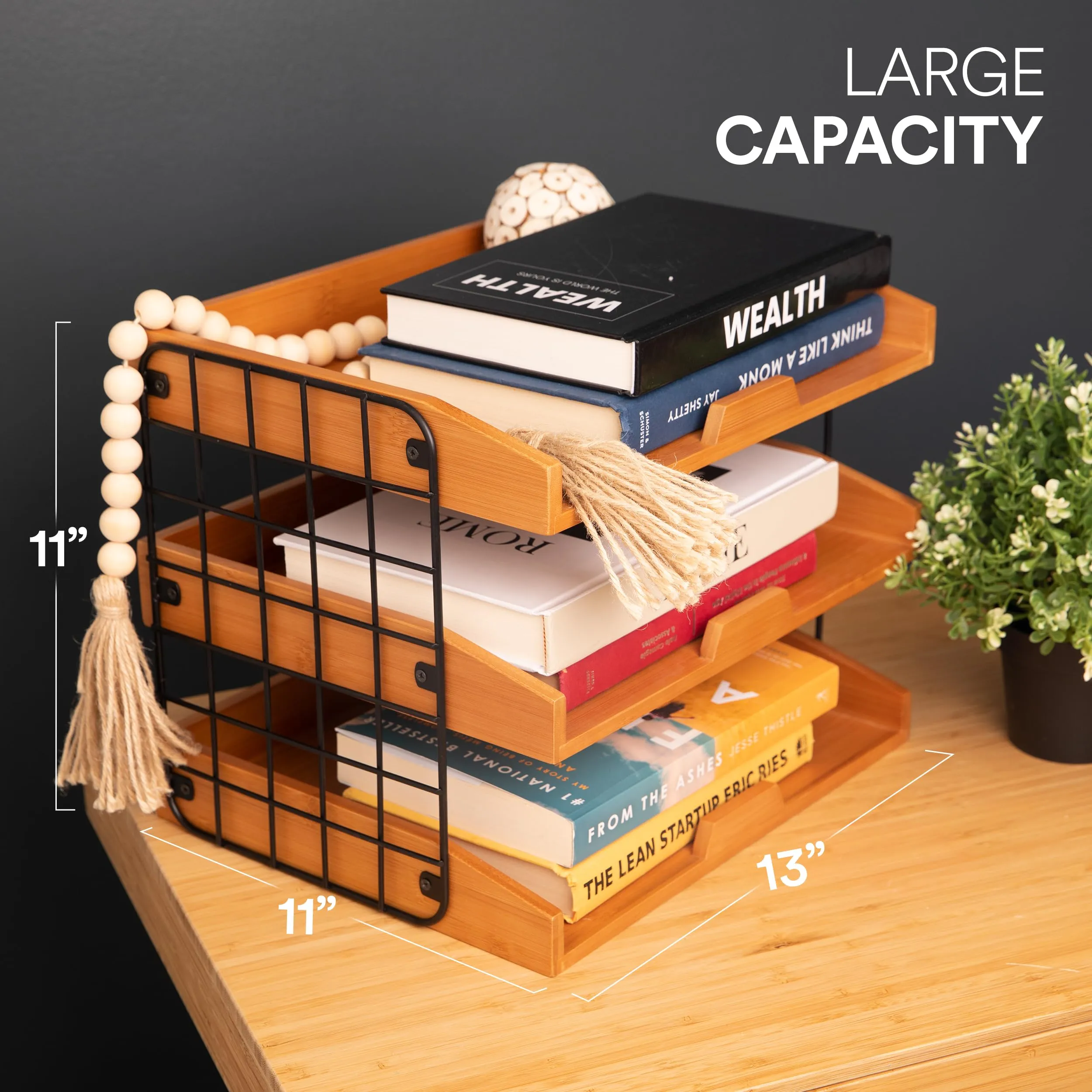 Ecordesk Wood Inbox Tray - Sturdy Letter Tray Desk Organizer, 3 Tier Wooden Paper Tray Organizer, 1/3" Thick Wooden Shelves Paper Organizer for Desk with Metal Frame (Golden)