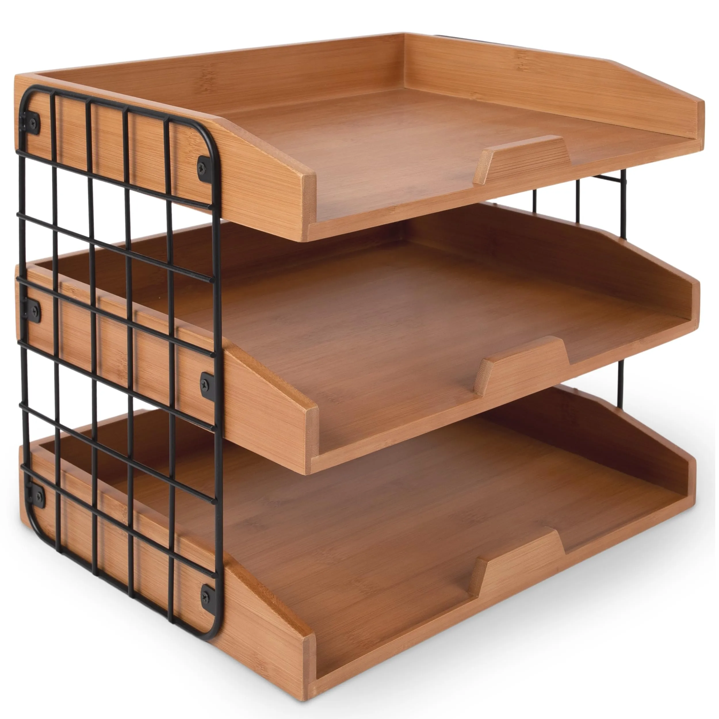 Ecordesk Wood Inbox Tray - Sturdy Letter Tray Desk Organizer, 3 Tier Wooden Paper Tray Organizer, 1/3" Thick Wooden Shelves Paper Organizer for Desk with Metal Frame (Golden)