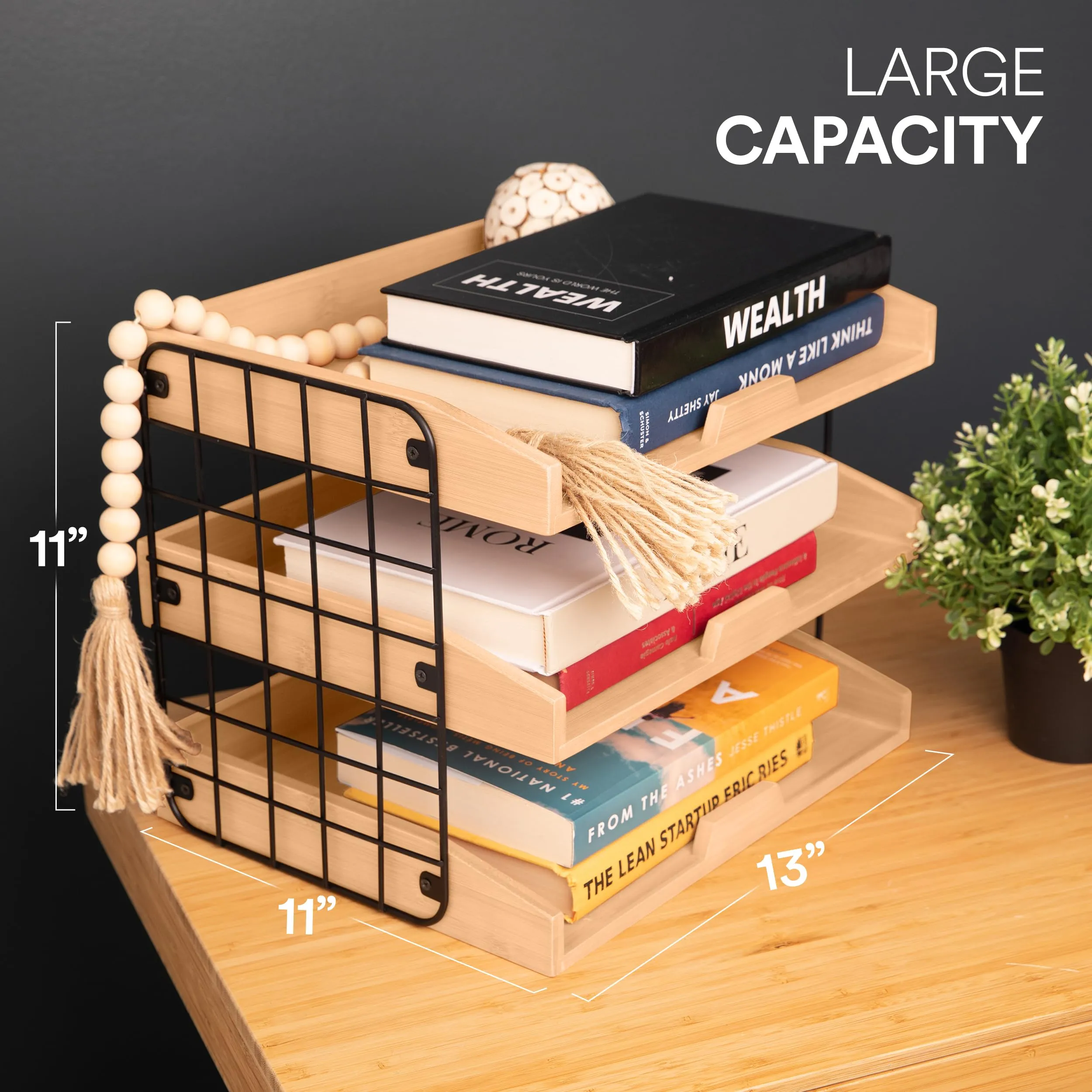 Ecordesk Wood Inbox Tray - Sturdy Letter Tray Desk Organizer, 3 Tier Wooden Paper Tray Organizer, 1/3" Thick Wooden Shelves Paper Organizer for Desk with Metal Frame (Natural Wood)