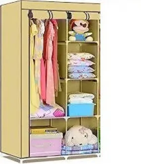 GRAZIA FABRIC COLLAPSABLE WARDROBE WITH 5 RACK AND 1 HANGER PORTION FOR TOYS AND CLOTH STORAGE-2-Door Foldable Wardrobe, 8 Racks, Black, Plastic