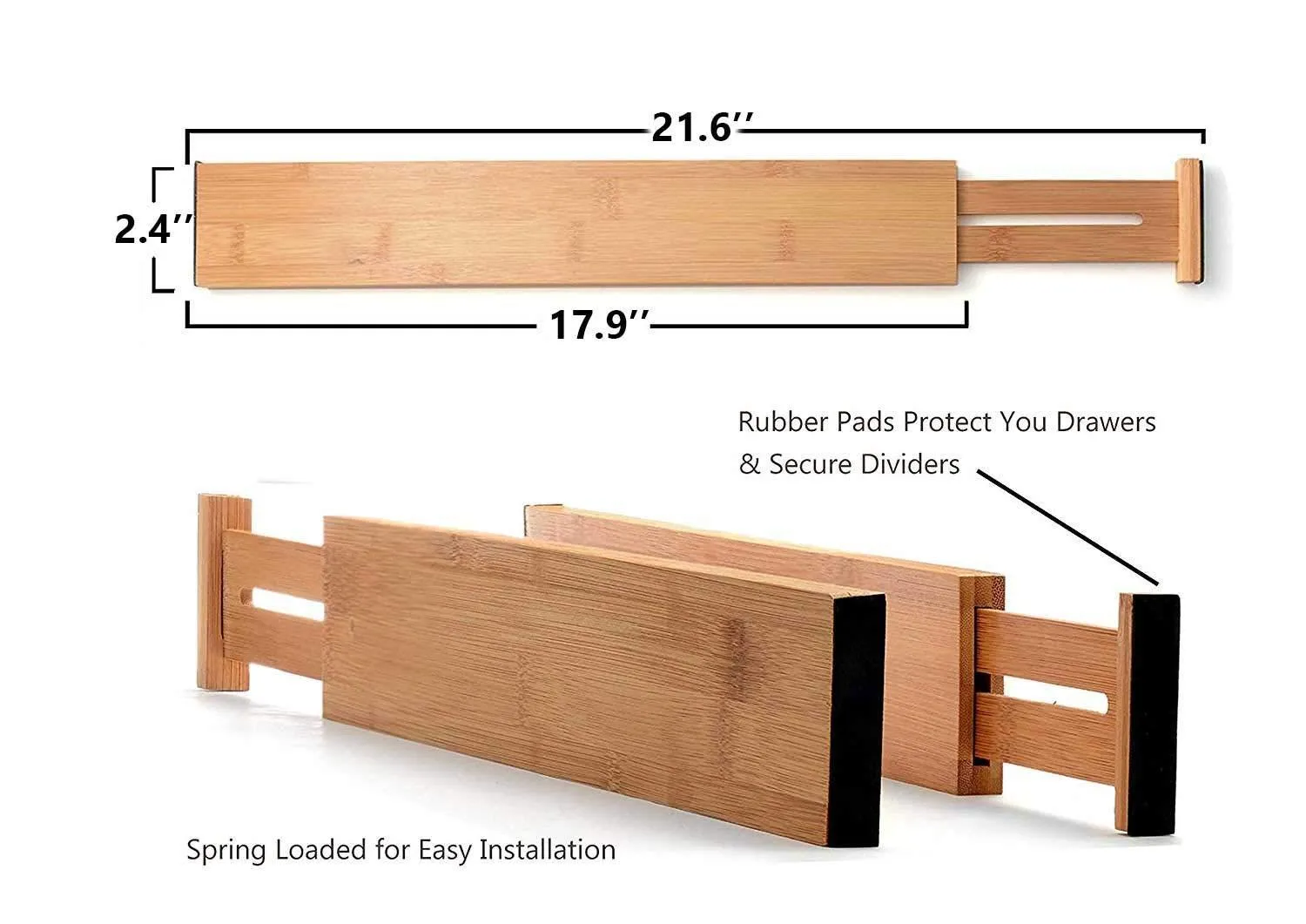 Hossejoy Bamboo Drawer Divider, Kitchen Drawer Organizer Spring Adjustable & Expendable Drawer Dividers - Best dividers for Kitchen, Dresser, Bedroom, Baby Drawer, Bathroom, Desk - Pack of 4