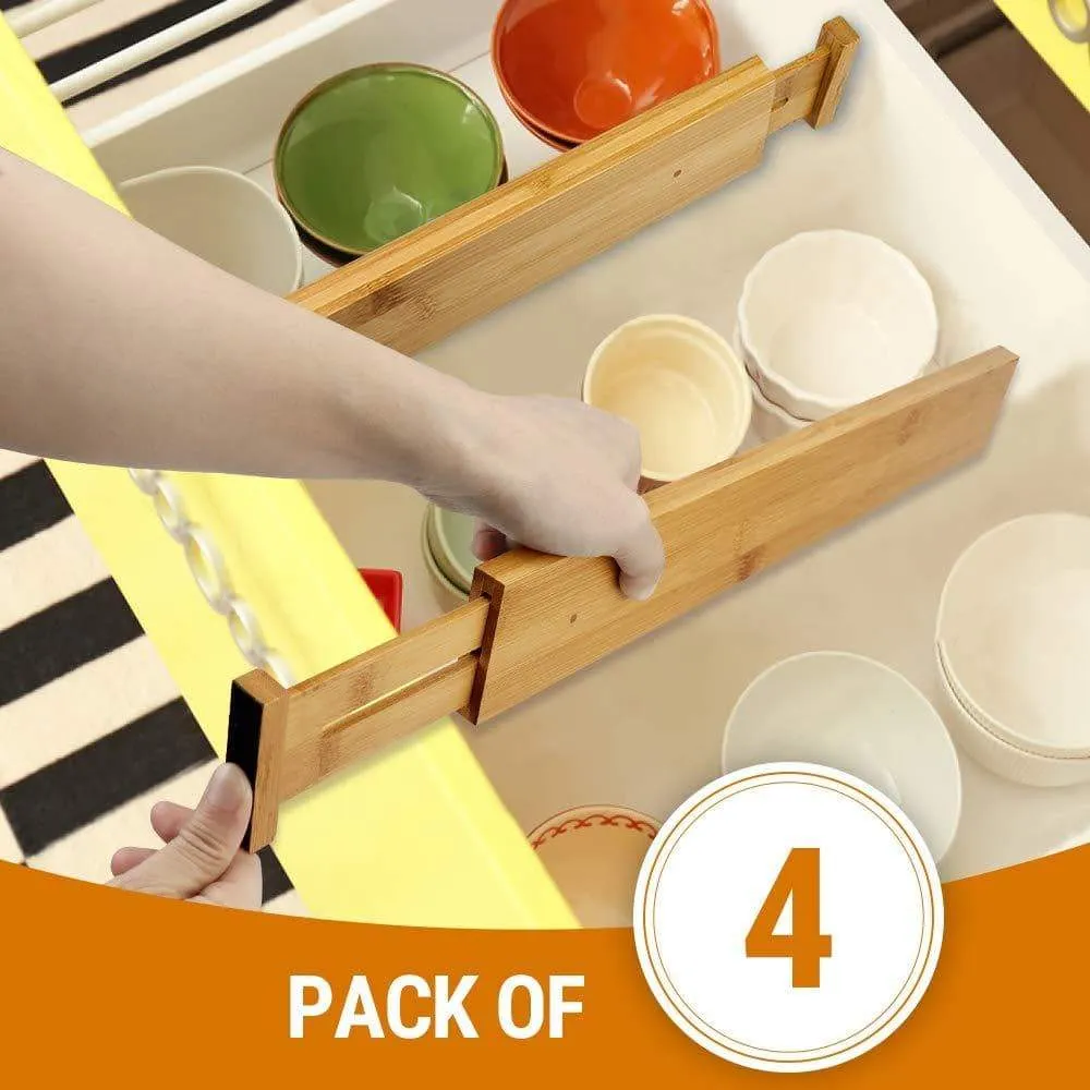 Hossejoy Bamboo Drawer Divider, Kitchen Drawer Organizer Spring Adjustable & Expendable Drawer Dividers - Best dividers for Kitchen, Dresser, Bedroom, Baby Drawer, Bathroom, Desk - Pack of 4