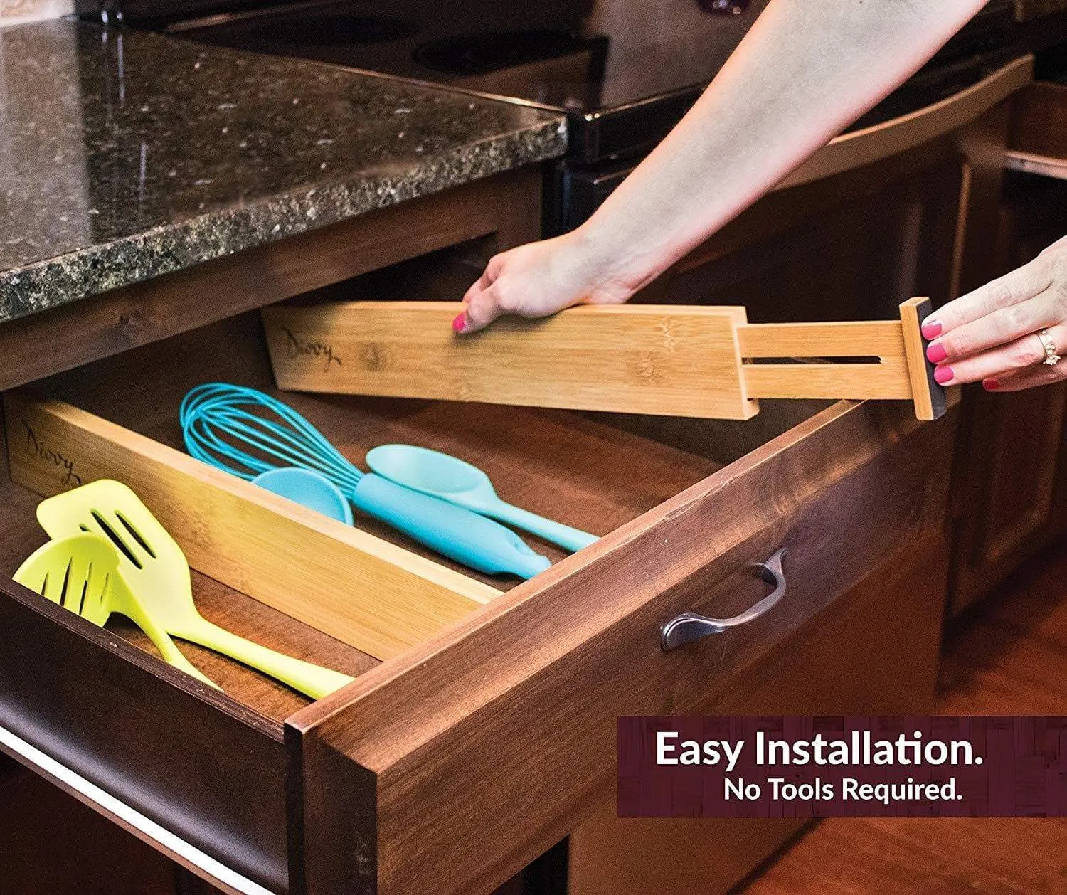 Hossejoy Bamboo Drawer Divider, Kitchen Drawer Organizer Spring Adjustable & Expendable Drawer Dividers - Best dividers for Kitchen, Dresser, Bedroom, Baby Drawer, Bathroom, Desk - Pack of 4