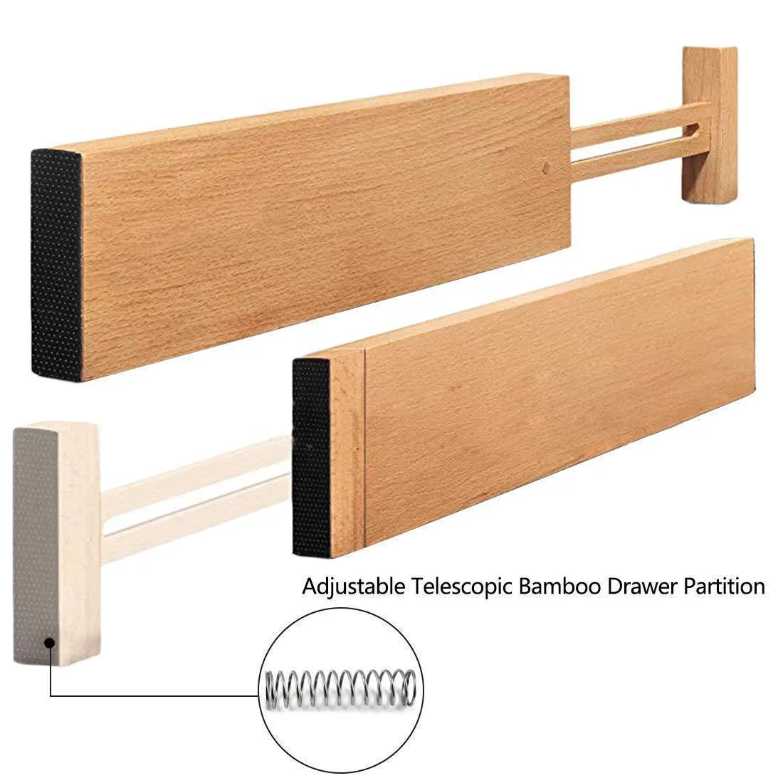 Hossejoy Bamboo Drawer Divider, Kitchen Drawer Organizer Spring Adjustable & Expendable Drawer Dividers - Best dividers for Kitchen, Dresser, Bedroom, Baby Drawer, Bathroom, Desk - Pack of 4
