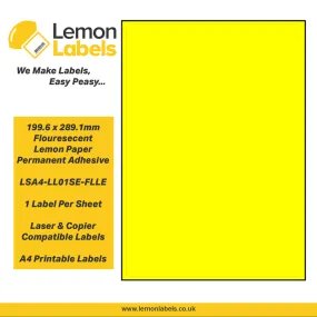 LSA4-LL01SE-FLLE - 199.6 x 289.1mm Floursecent Lemon Paper With Permanent Adhesive Labels, 1 label to an A4 sheet, 100 sheets