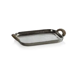 Mauritius Raw Aluminum Tray with Cane Wrapped Handles - Small