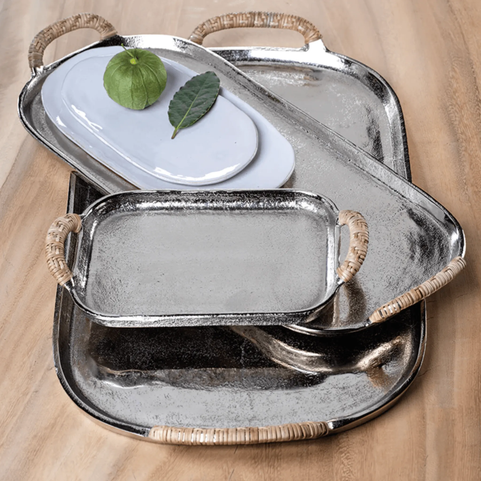 Mauritius Raw Aluminum Tray with Cane Wrapped Handles - Small