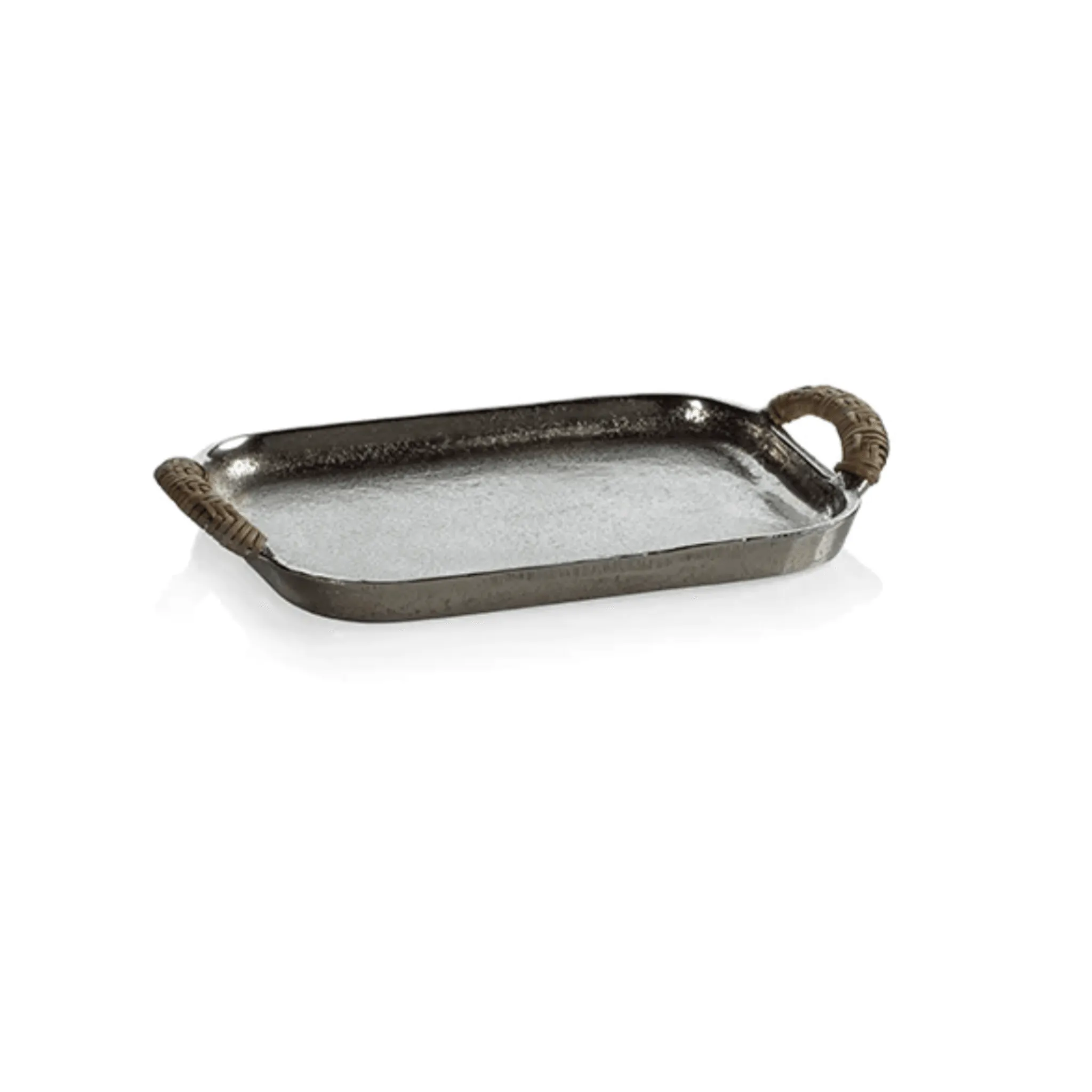 Mauritius Raw Aluminum Tray with Cane Wrapped Handles - Small