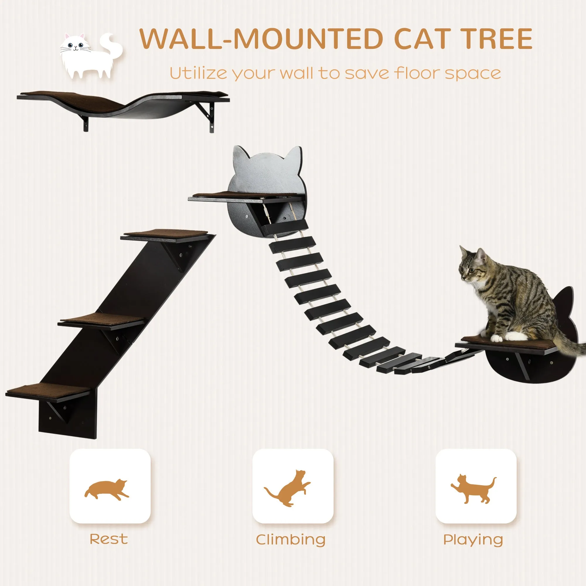 PawHut 3 PCs Wall Mounted Cat Tree Cat Shelves Climbing Shelf Set - Brown