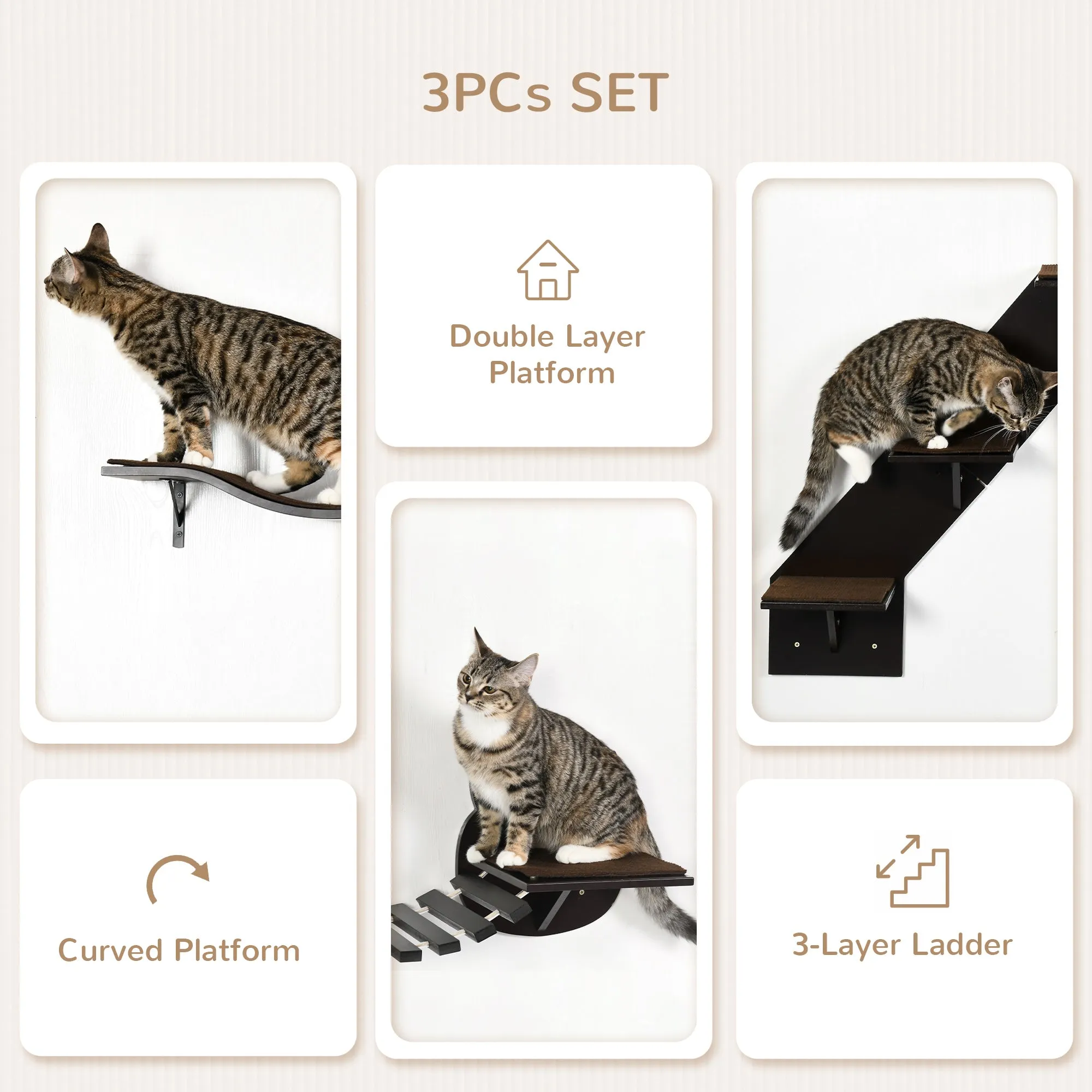 PawHut 3 PCs Wall Mounted Cat Tree Cat Shelves Climbing Shelf Set - Brown