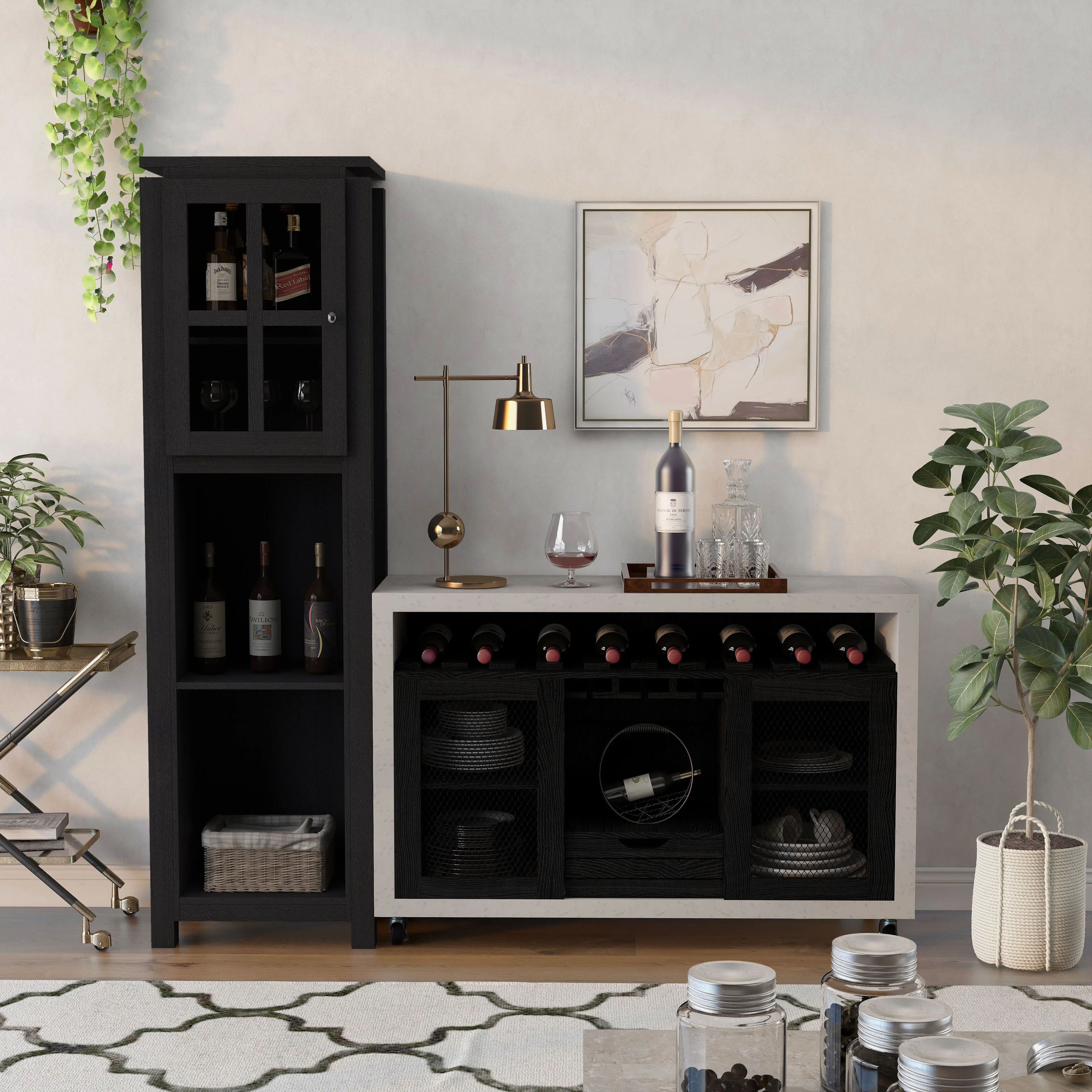 Reid Black & Cement-like Farmhouse Mobile 10-bottle Wine Rack Bar Set