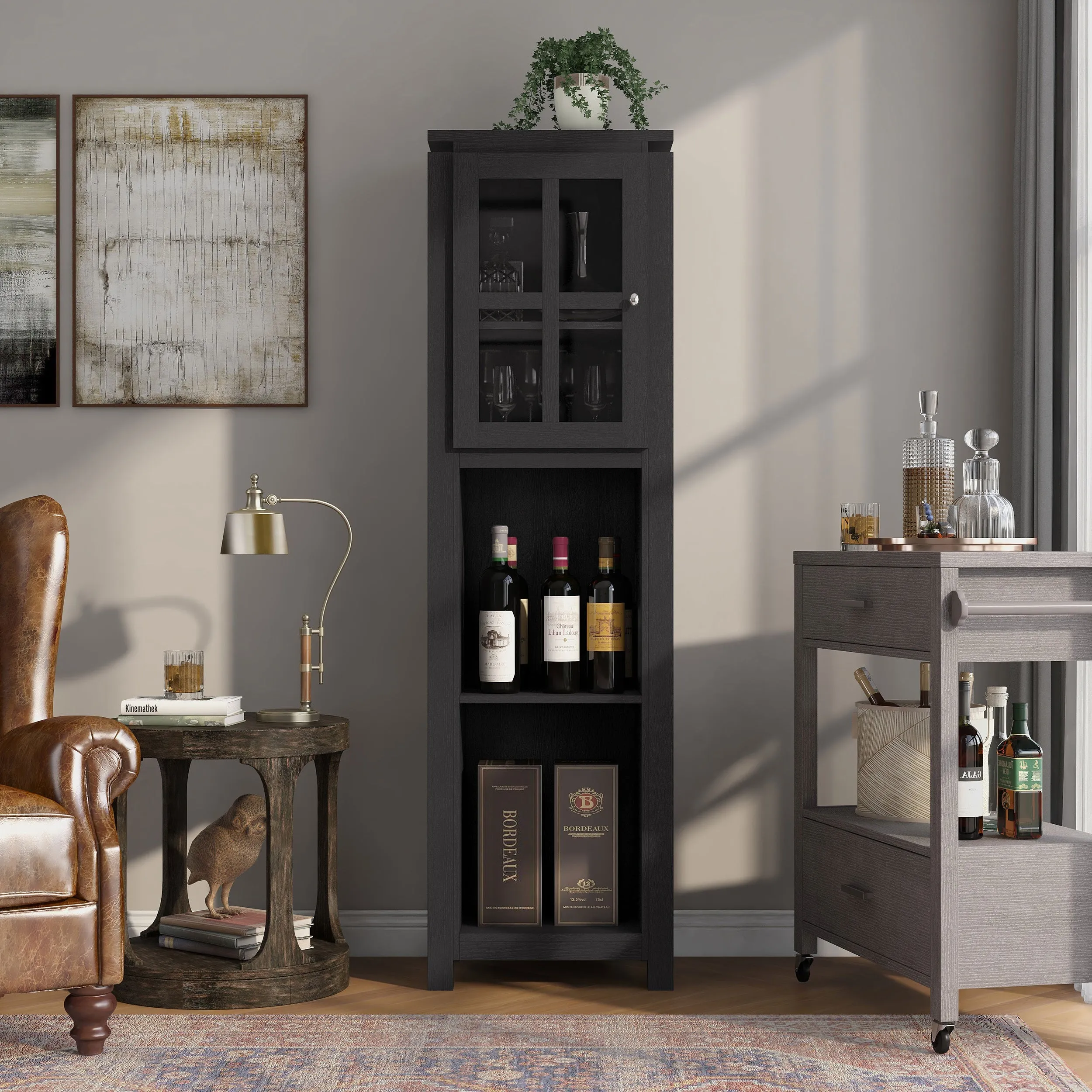 Reid Black & Cement-like Farmhouse Mobile 10-bottle Wine Rack Bar Set